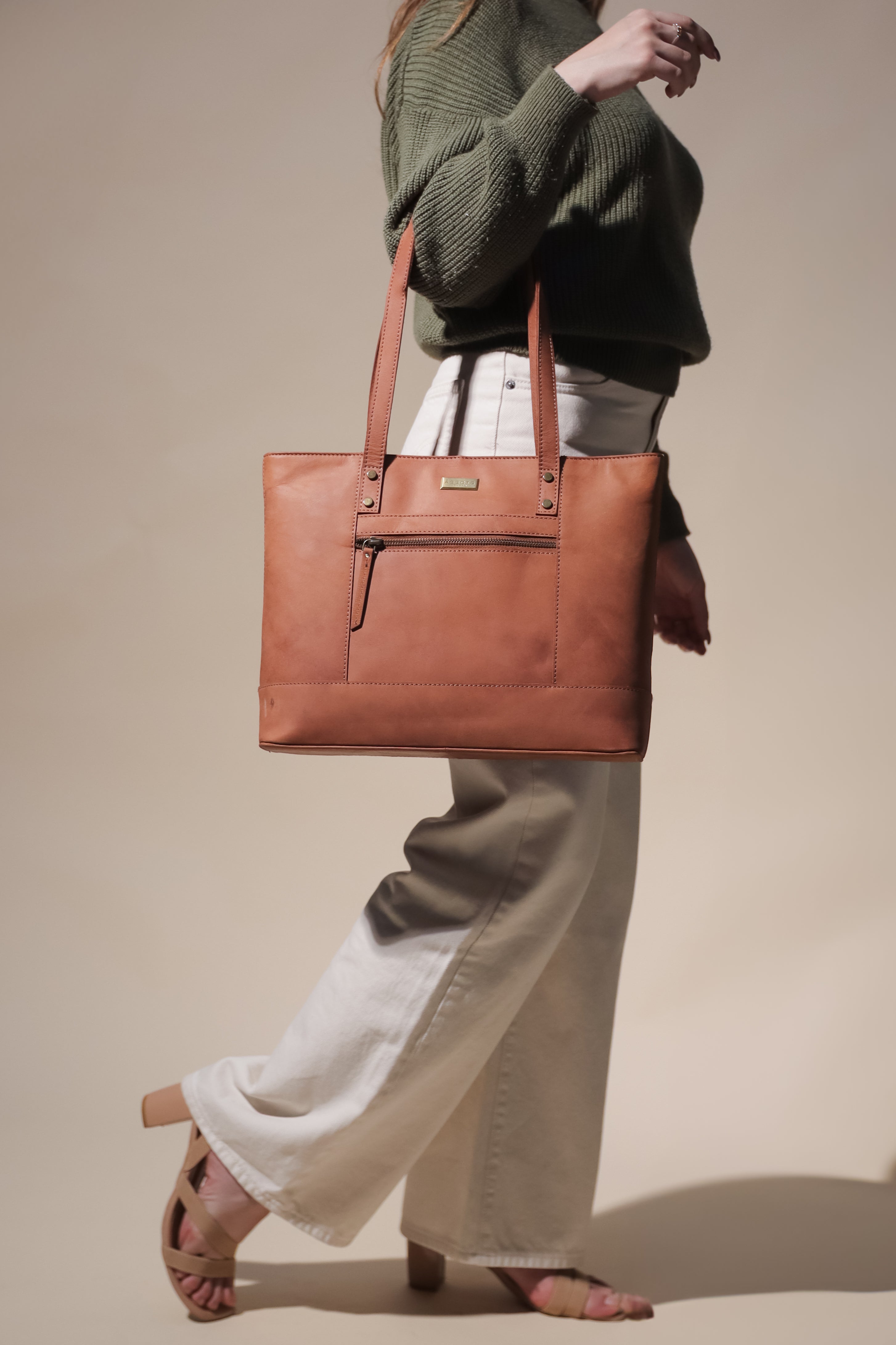 Tan 'MILLIE' Real Leather Designer Tote Work Bag, Image 2 of 6