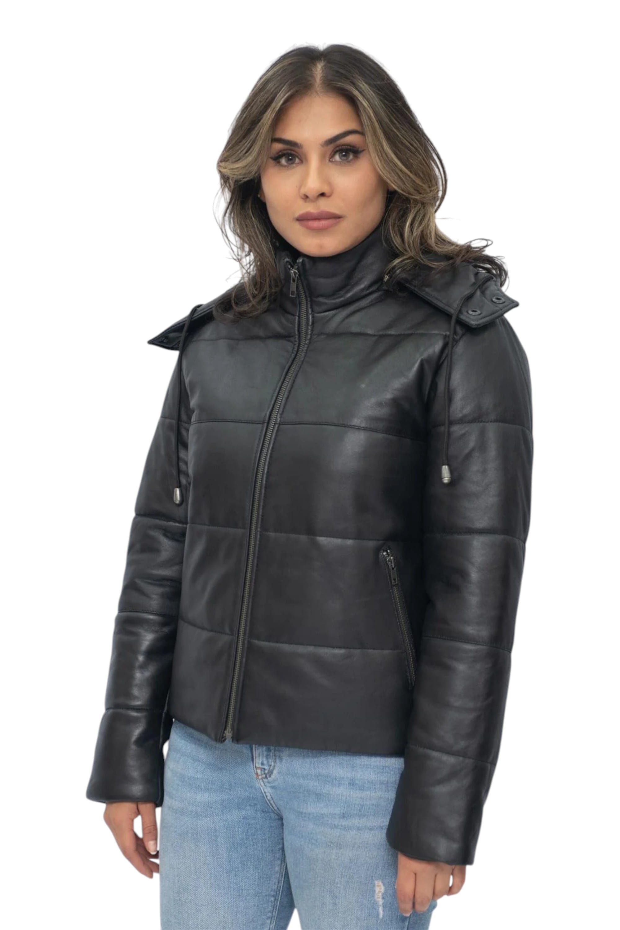 Black Womens Puffer Leather Bomber Jacket-Ajax, Image 1 of 6