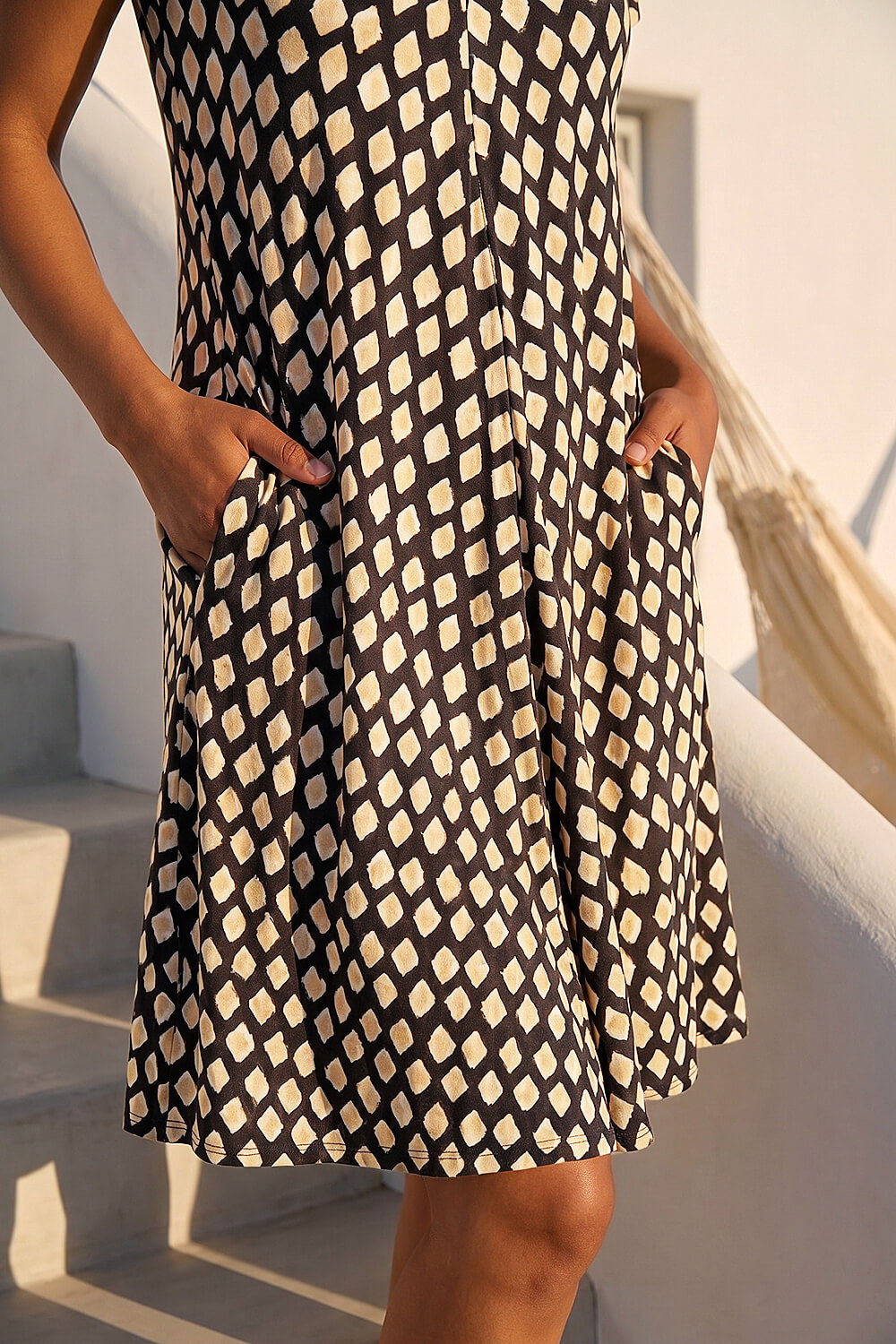 Black Petite Print V-Neck Swing Pocket Dress, Image 5 of 4