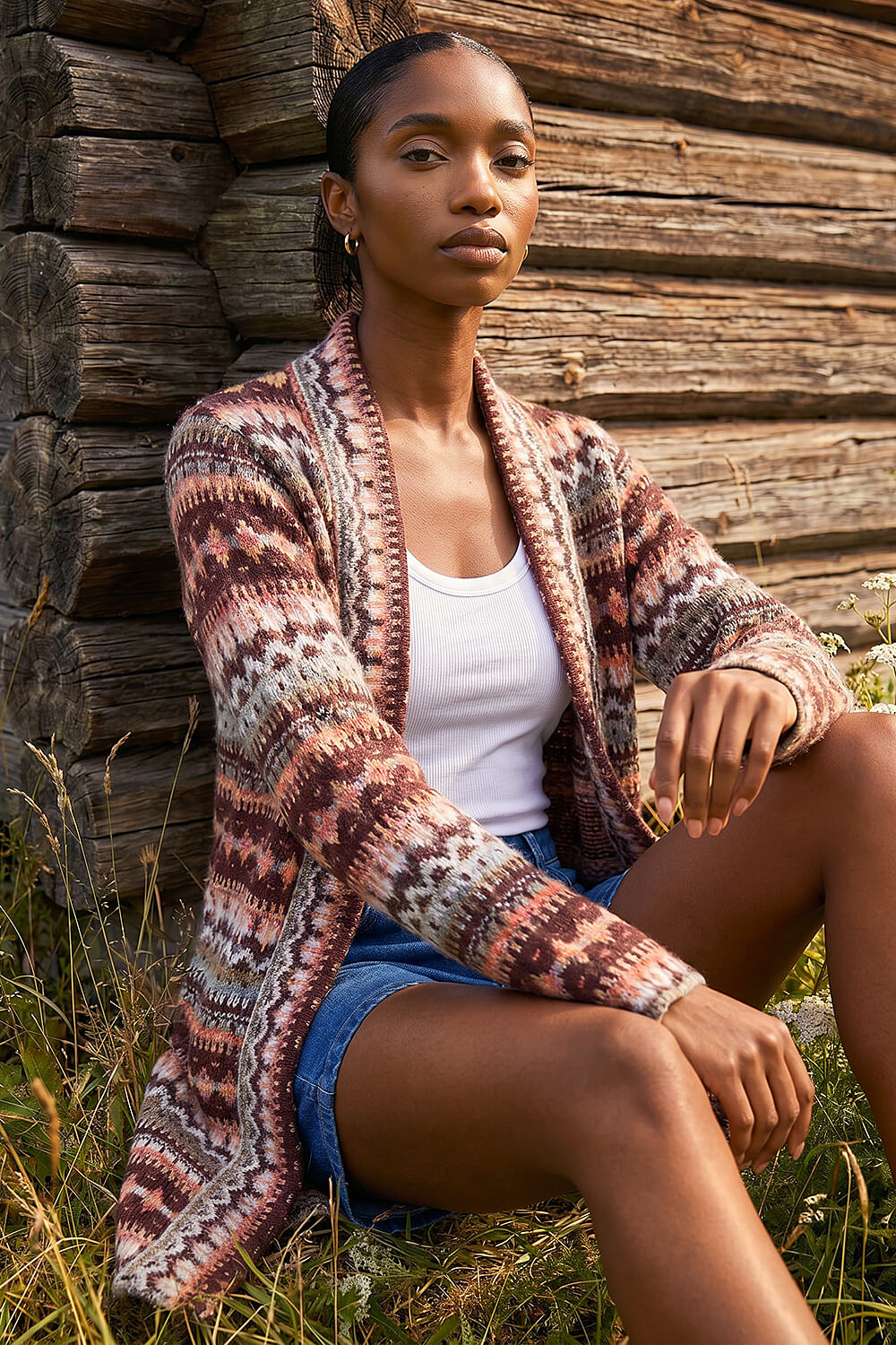 Burgundy Petite Aztec Longline Cardigan, Image 3 of 4