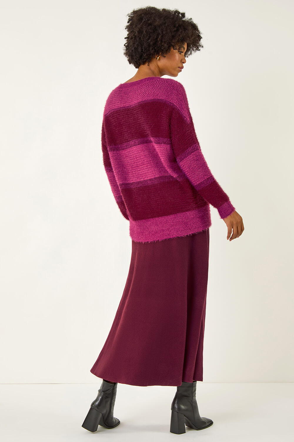 Magenta V-Neck Stripe Knit Jumper, Image 4 of 5