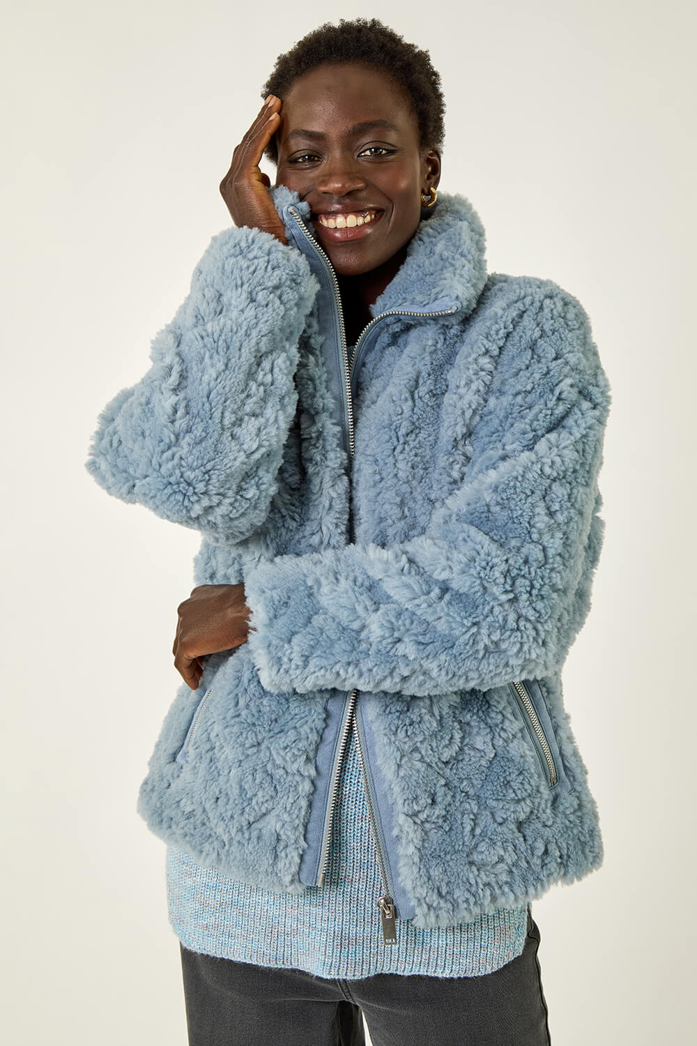 Light Blue Teddy Borg Jacket, Image 3 of 6