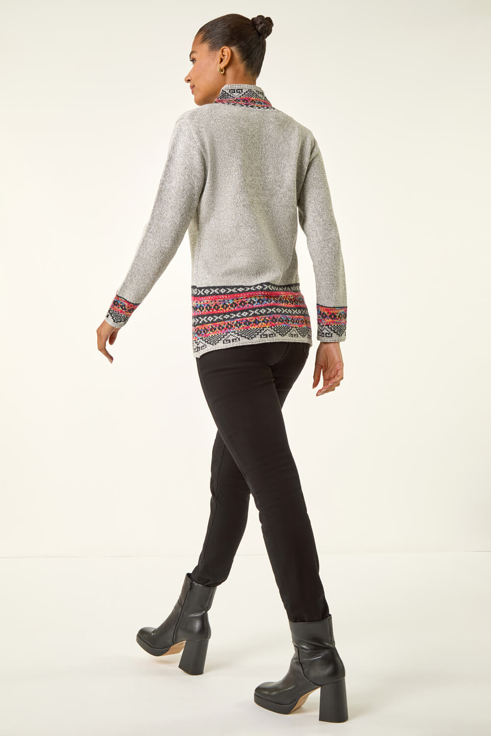 Grey Nordic Print Button Detail V-Neck Jumper, Image 4 of 5