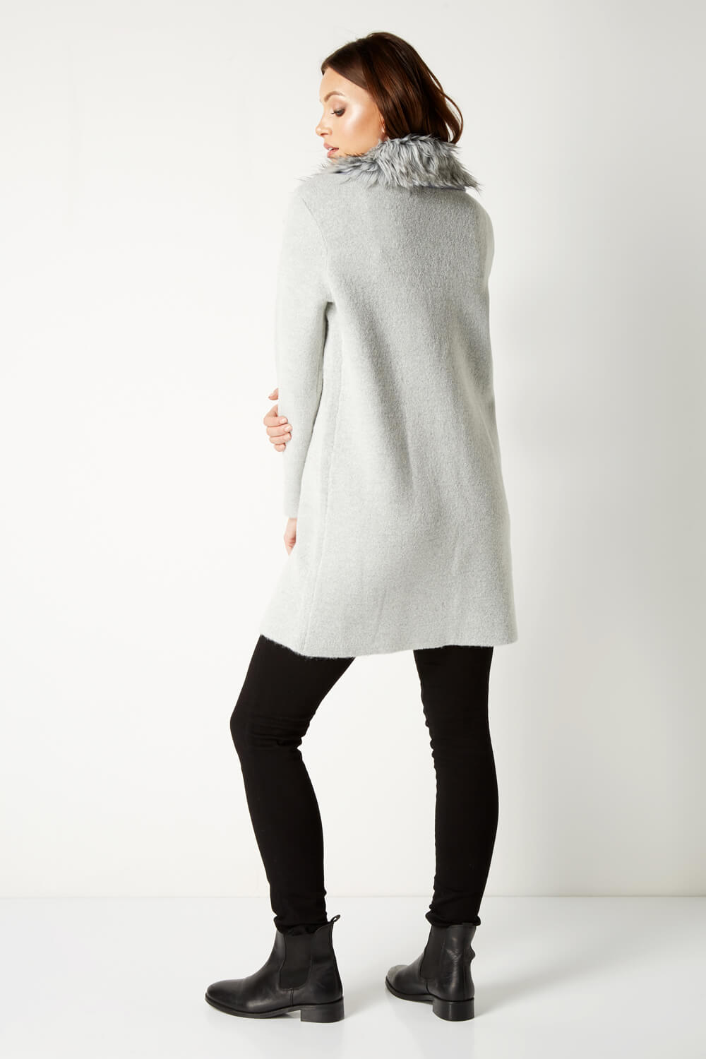 Grey Faux Fur Collar Coatigan, Image 4 of 4