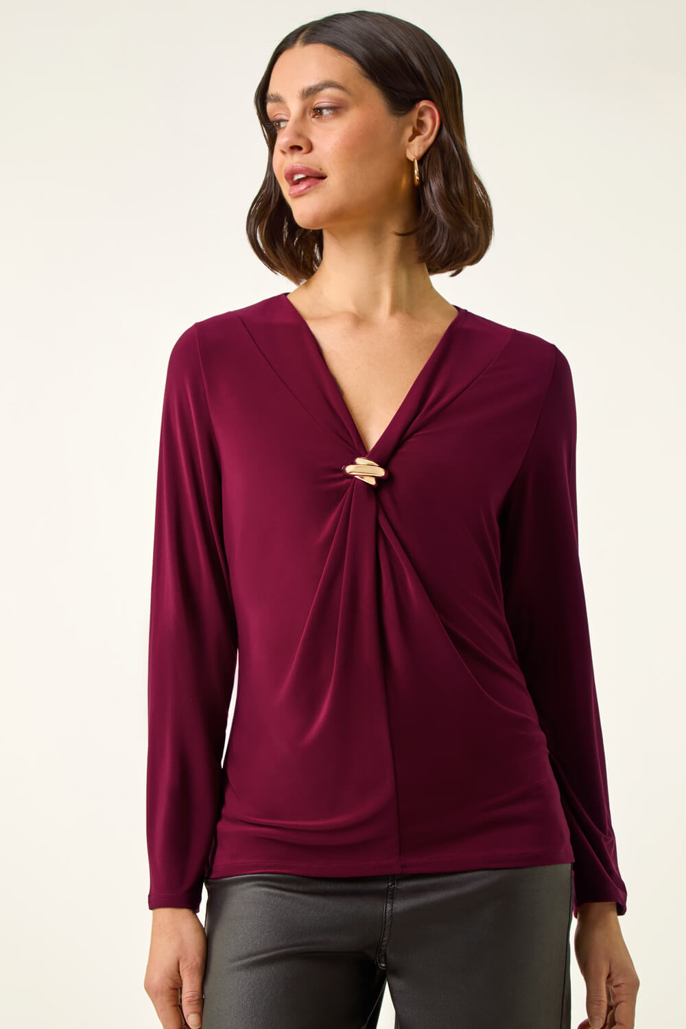 Wine V-Neck Metal Trim Stretch Top, Image 5 of 5