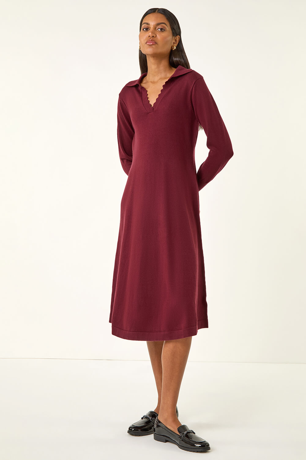 Wine Scallop Detail Knitted Midi Dress, Image 3 of 5