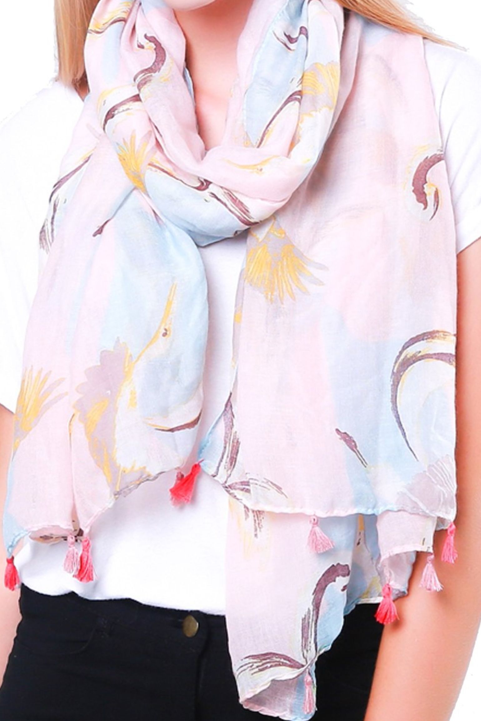 Light Pink Crane Bird Tasselled Lightweight Scarf, Image 1 of 3