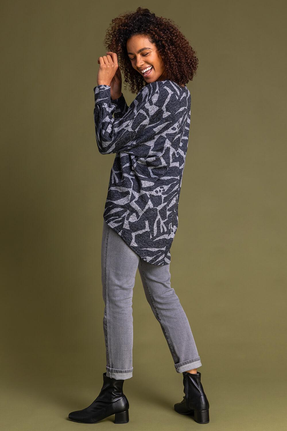 Dark Grey Abstract Animal Print Long Sleeve Top, Image 3 of 5