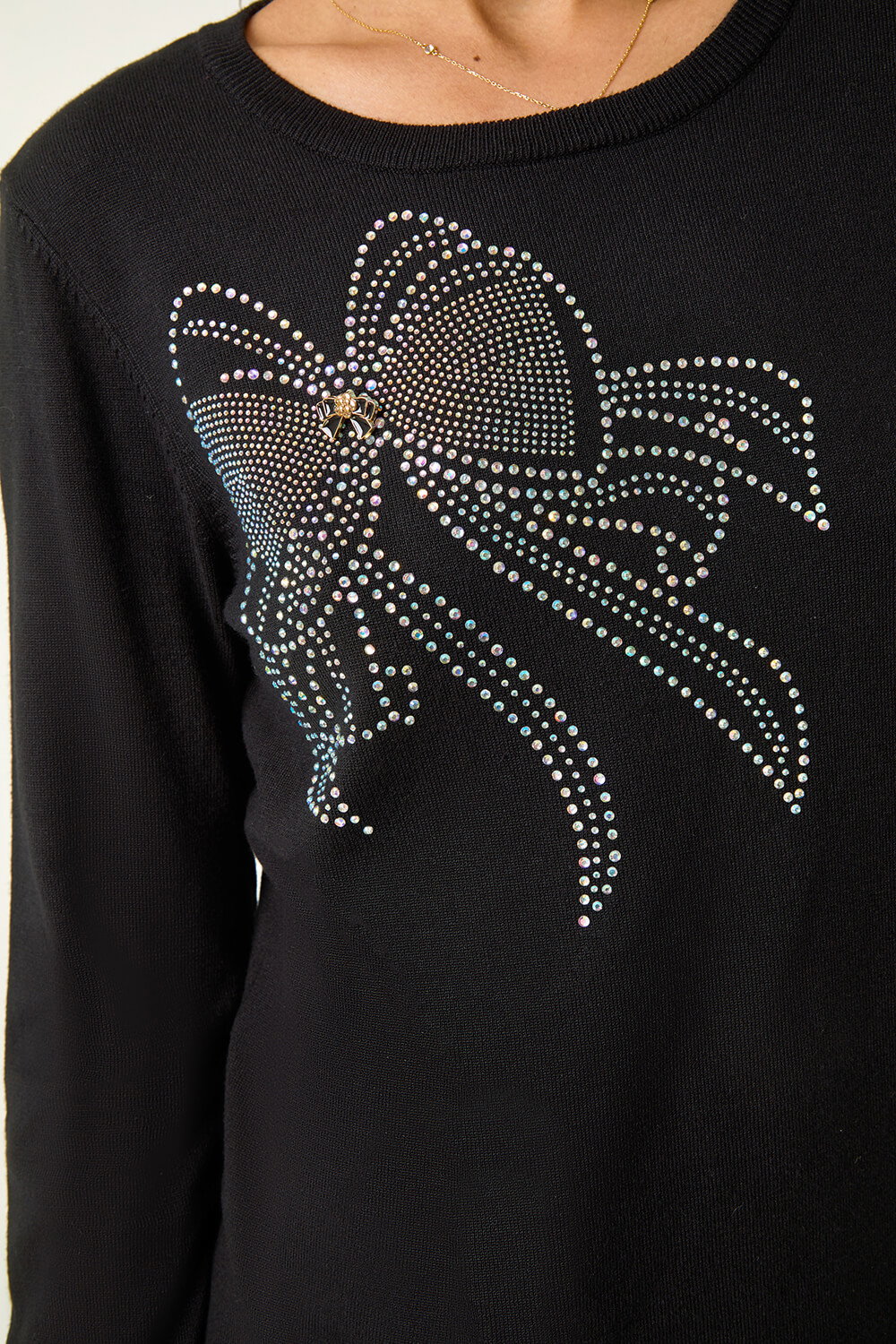 Black Sparkle Bow Detail Crew Neck Jumper, Image 6 of 5