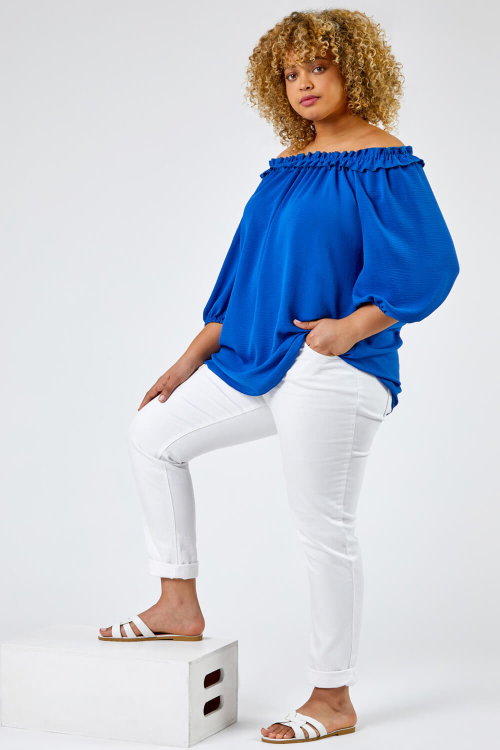 Royal Blue Curve Frill Detail Bardot Top , Image 5 of 6
