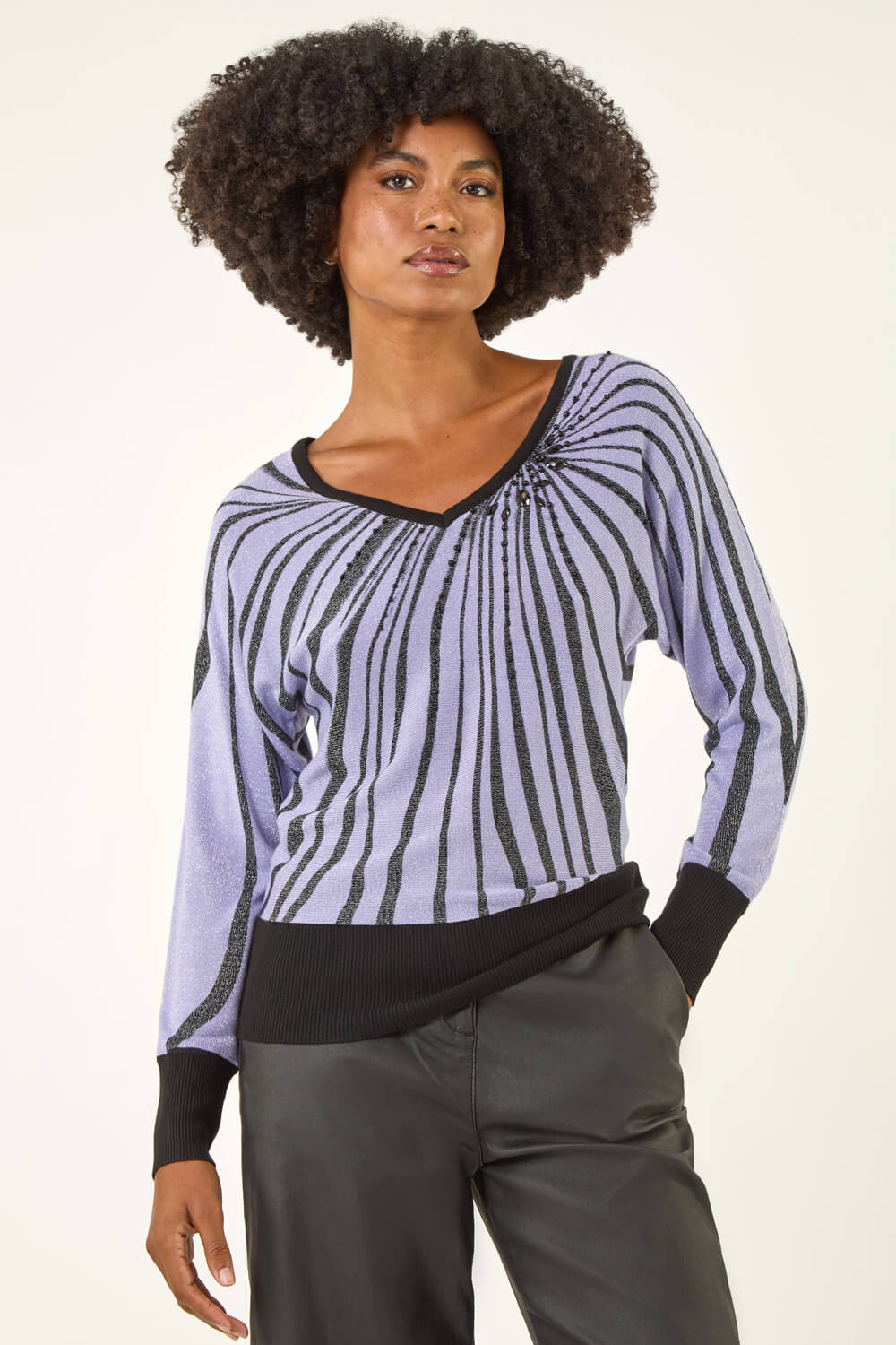 Roman Women's Purple Sparkly Abstract Stripe Knit Jumper Size 12