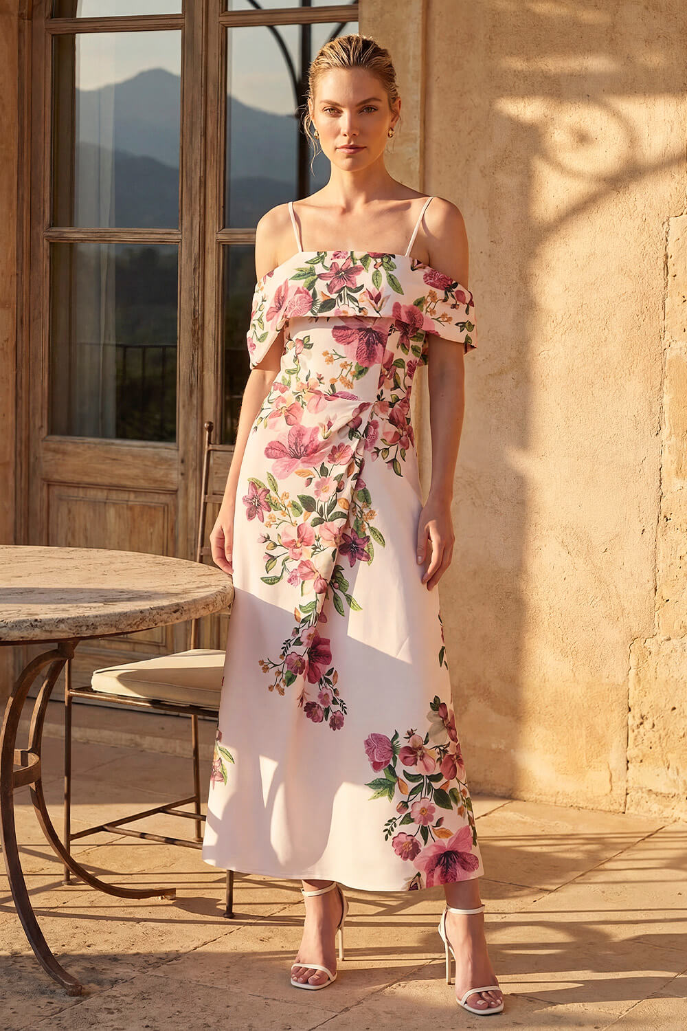 Cream Floral Premium Stretch Midi Dress, Image 3 of 4
