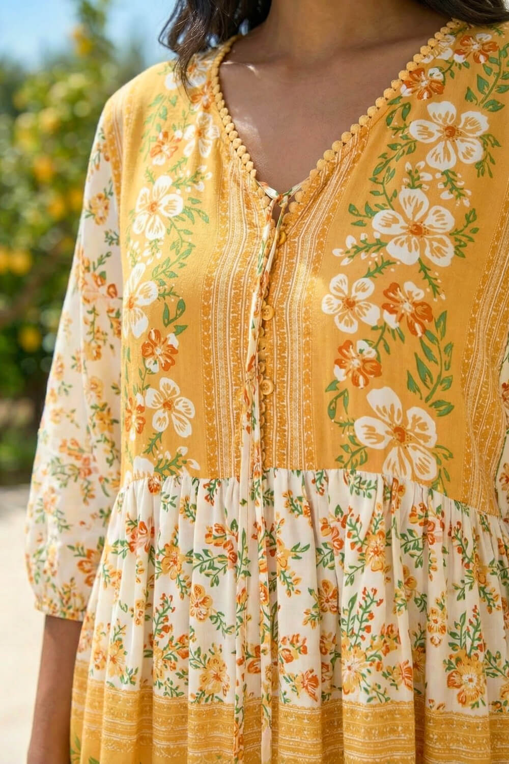 Yellow Floral Border Print V-Neck Overshirt, Image 5 of 4