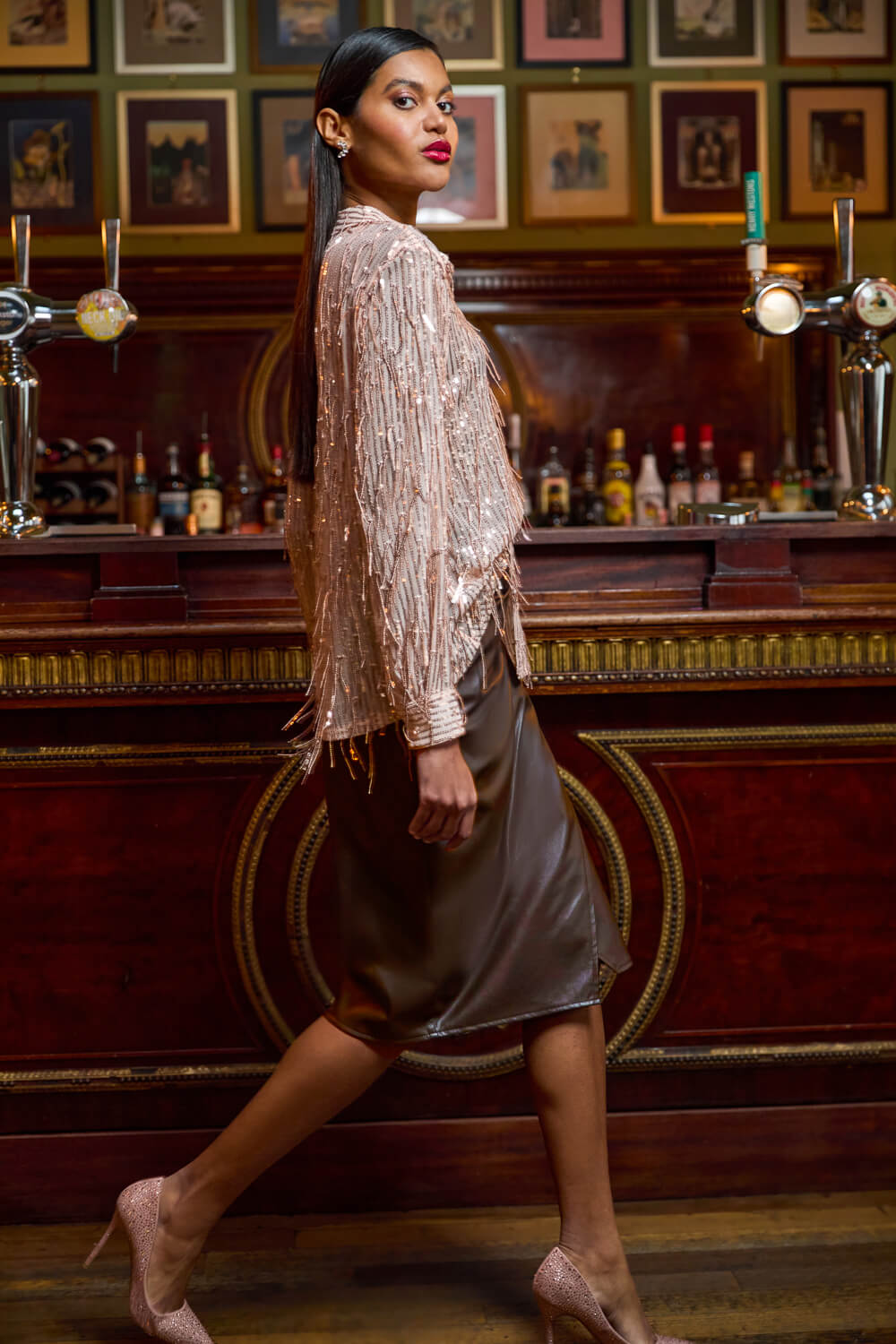 Chocolate Faux Leather Ruched Wrap Skirt, Image 8 of 7