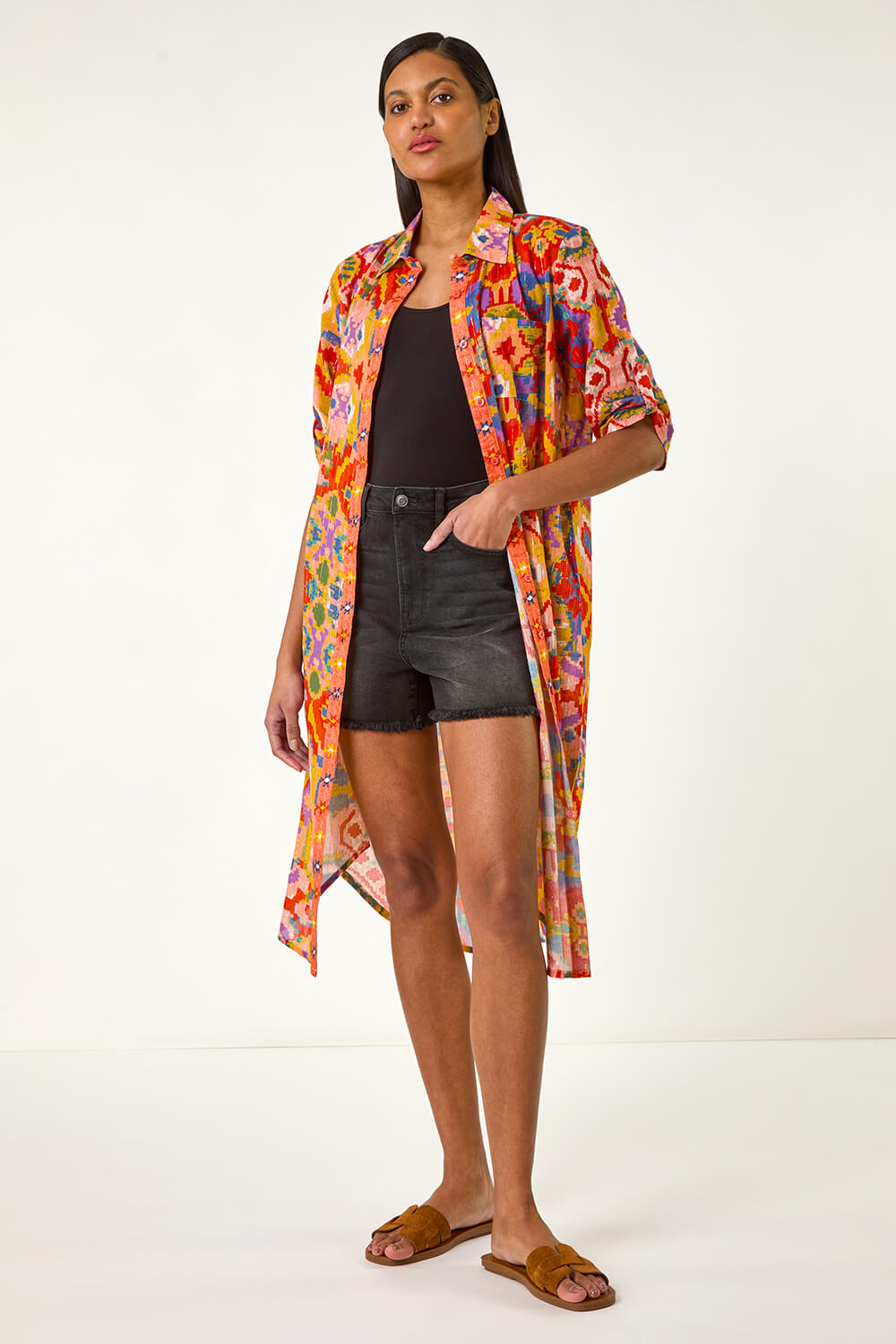 Orange Ikat Button Shirt Dress, Image 7 of 6
