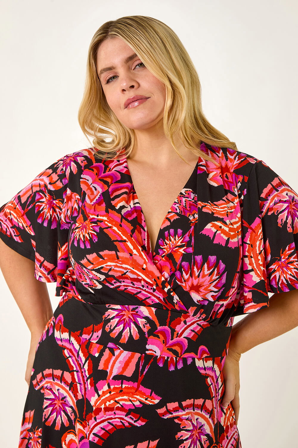 Pink Curve Leaf Print Wrap Midi Dress, Image 5 of 5