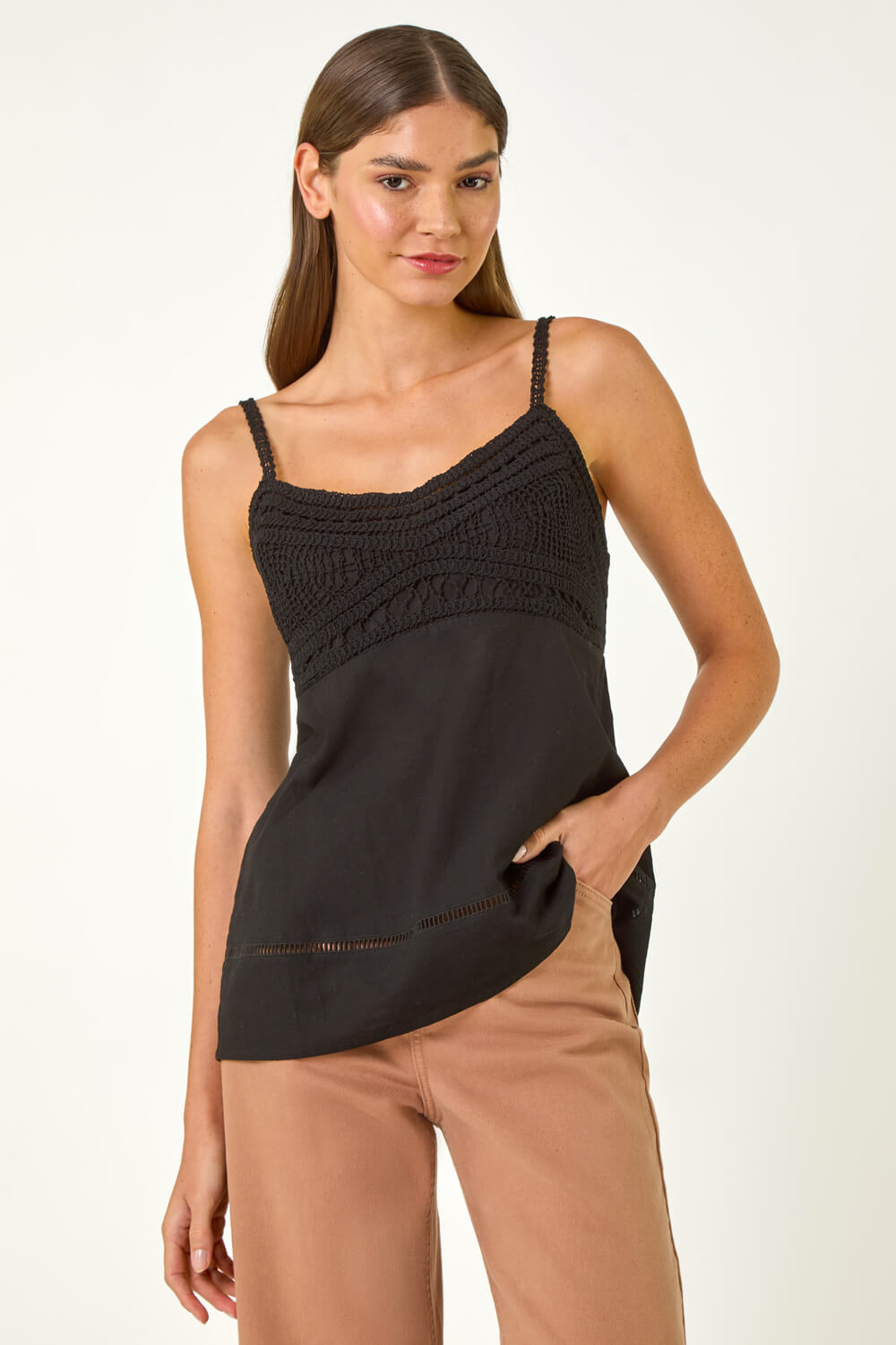 Black Crochet V-Neck Cami Top, Image 3 of 5