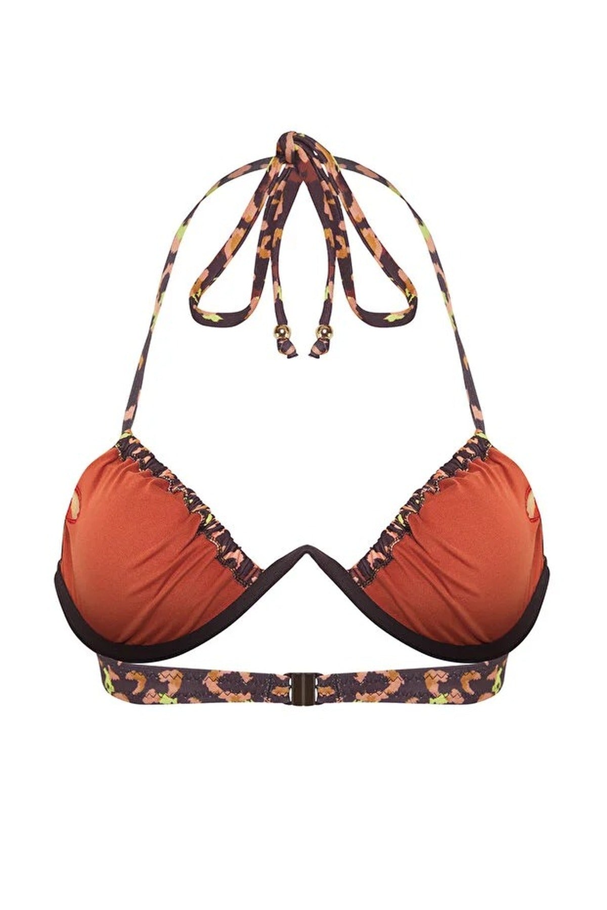 Multi WOVCOR Multi Leopard Print V Wire Padded Balconette Bikini Top with Halterneck, Image 3 of 5