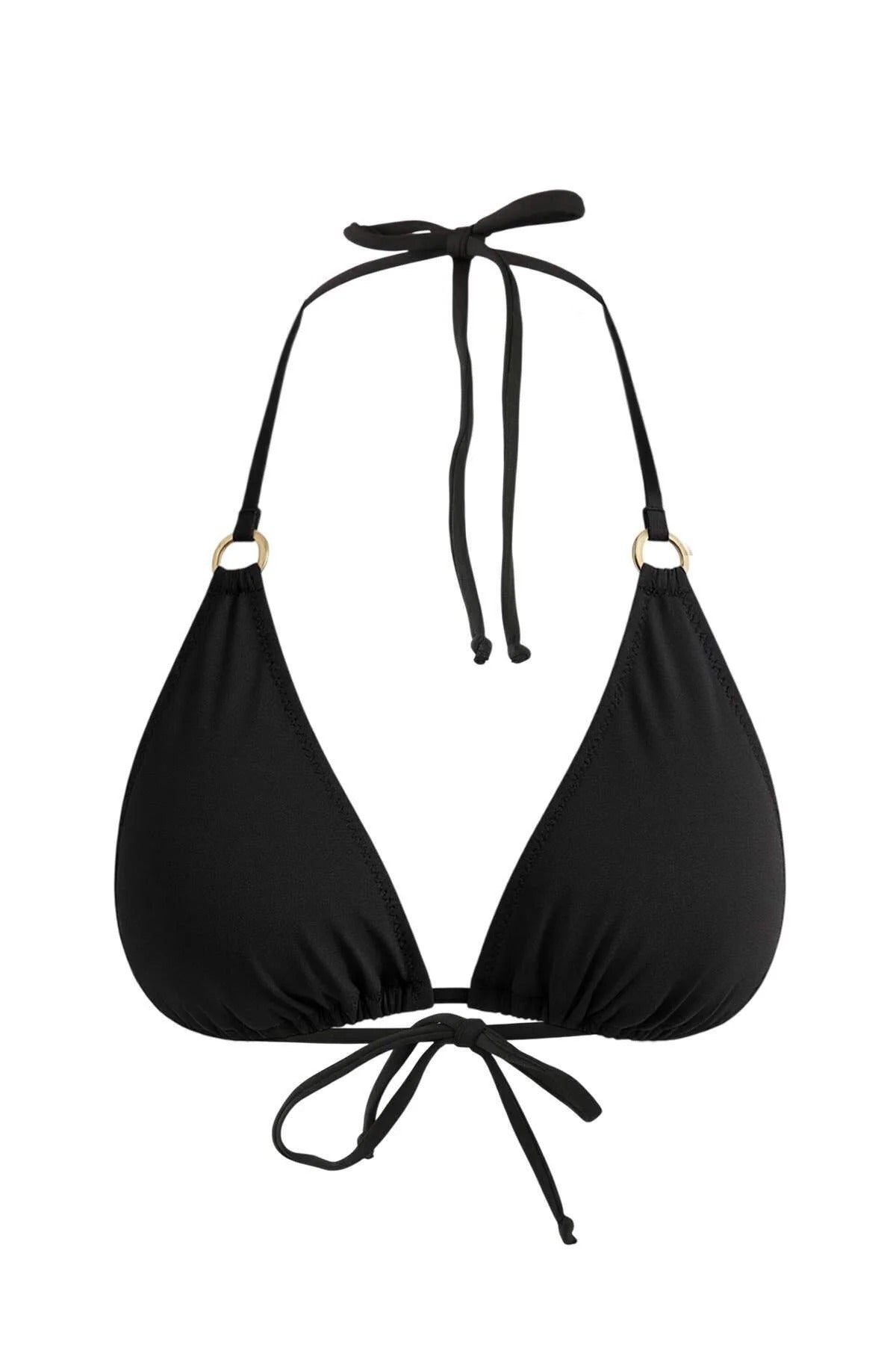 Black Triangle Bikini Top With Halterneck Tie And Ring Detail