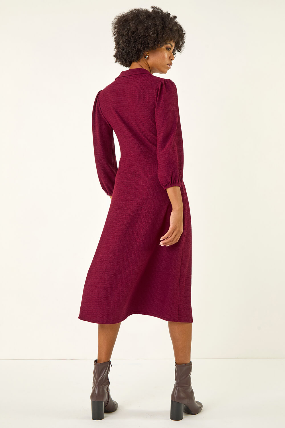 Wine Textured Collared Twist Front Dress, Image 4 of 5