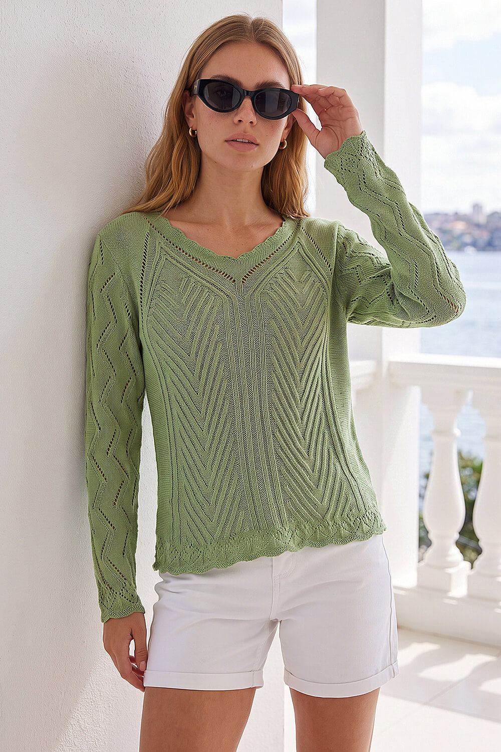 Khaki Scallop V-Neck Knit Jumper, Image 4 of 4