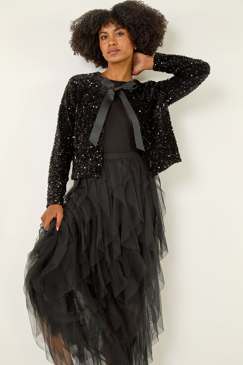 Black Elastic Waist Mesh Layered A Line Skirt, Image 3 of 5