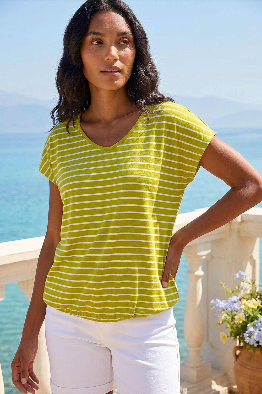 Lime Stripe Print V-Neck Stretch Tee, Image 1 of 4
