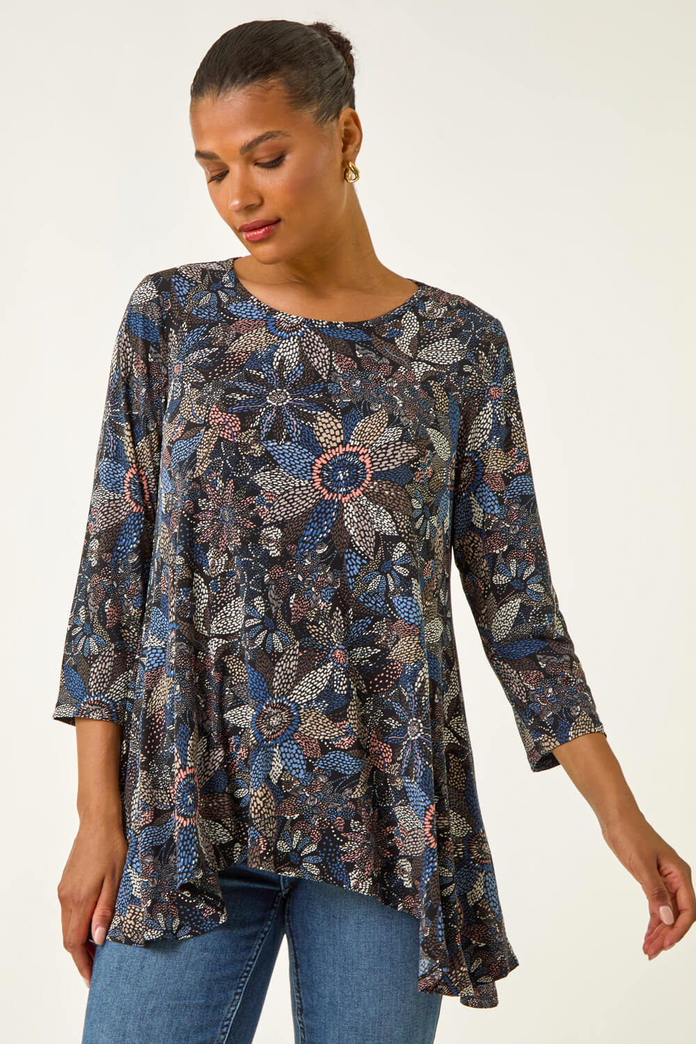 Blue Floral Puff Print Stretch Tunic, Image 4 of 5