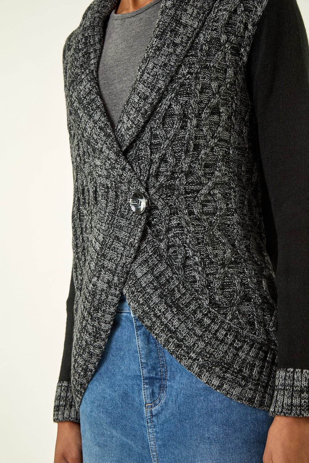 Charcoal Textured Knit Wrap Cardigan, Image 6 of 5