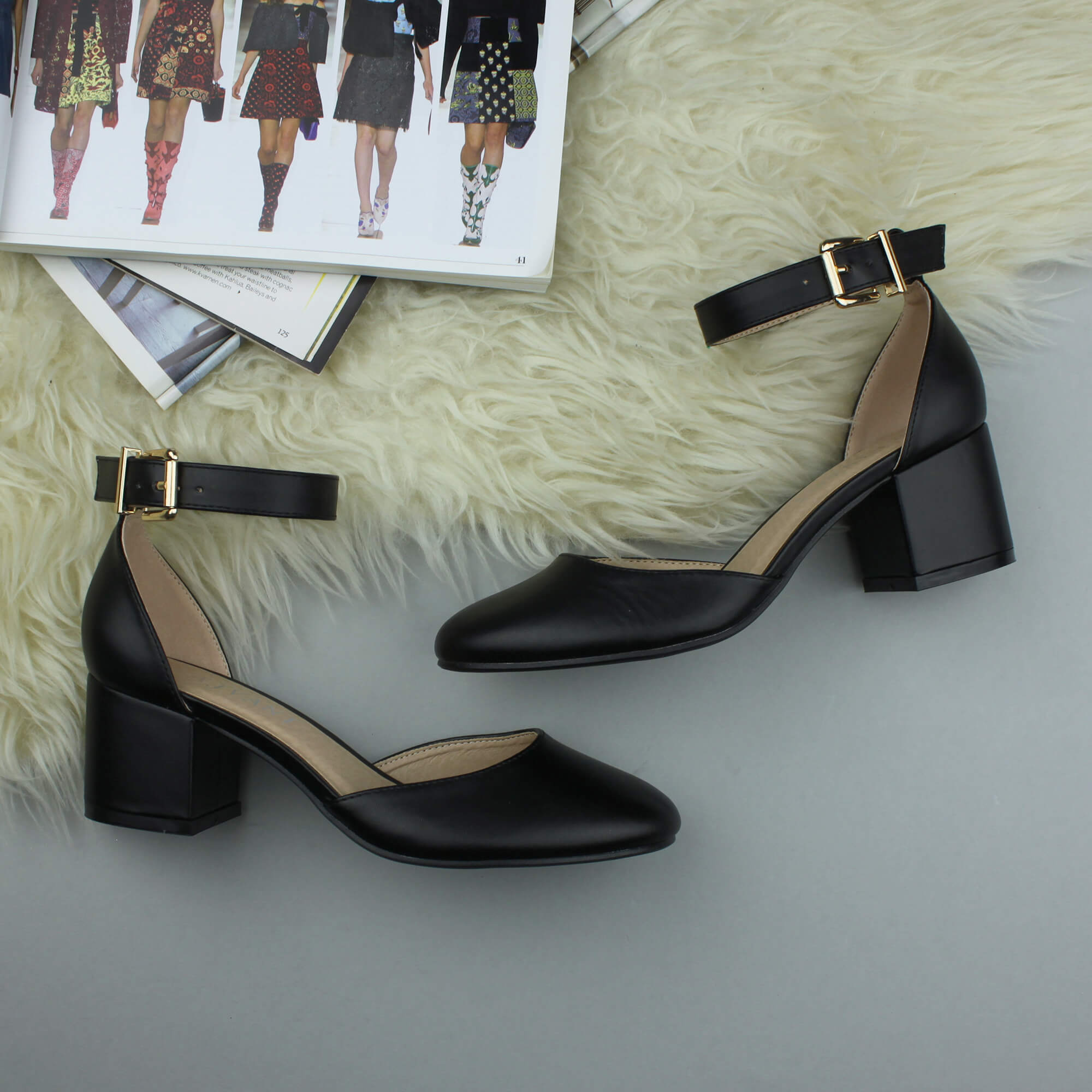 Black AJVANI Black Mid Block Heel Ankle Strap 2 Part Heels, Image 4 of 6