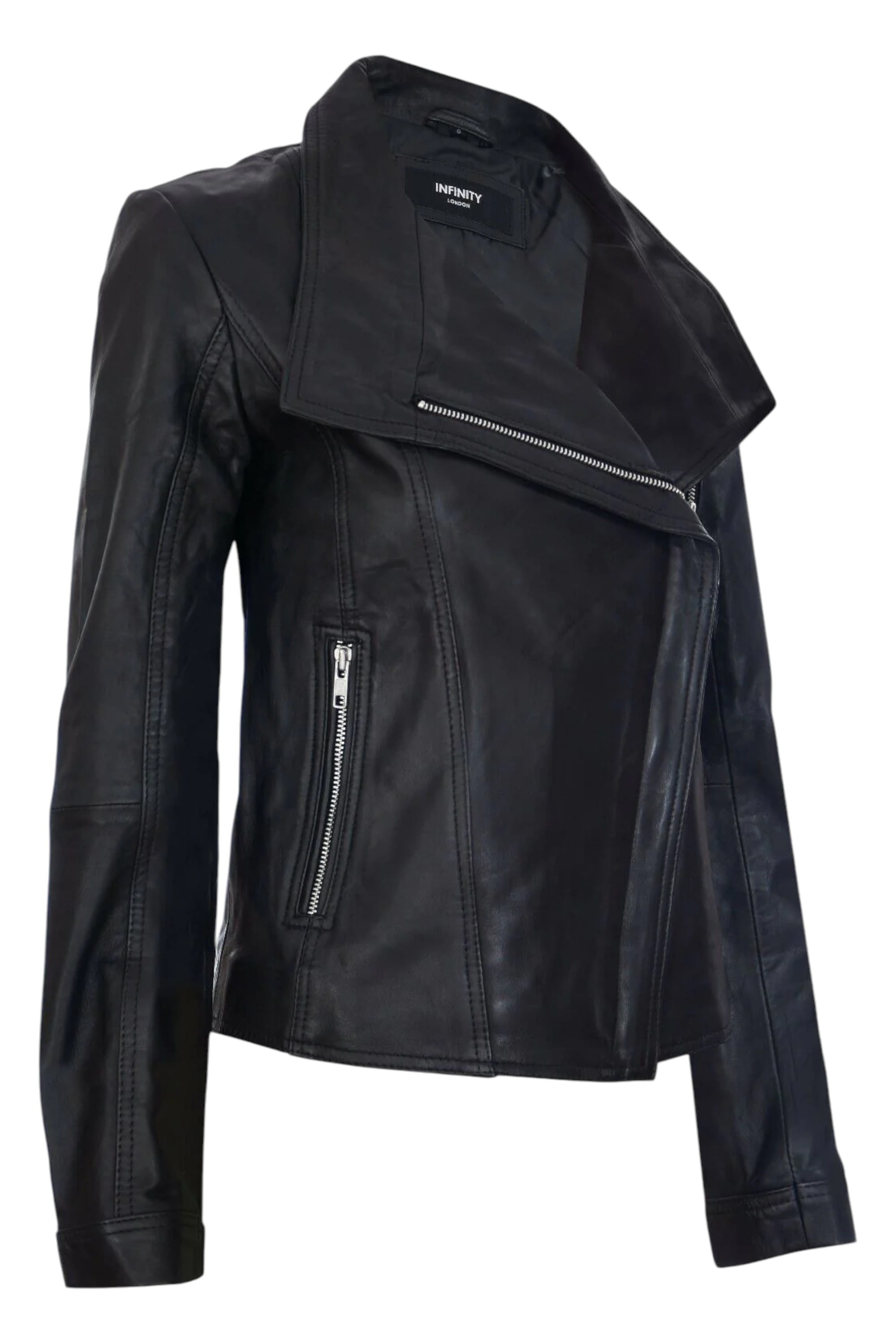 Black Womens Leather Biker Jacket - Riga, Image 2 of 4