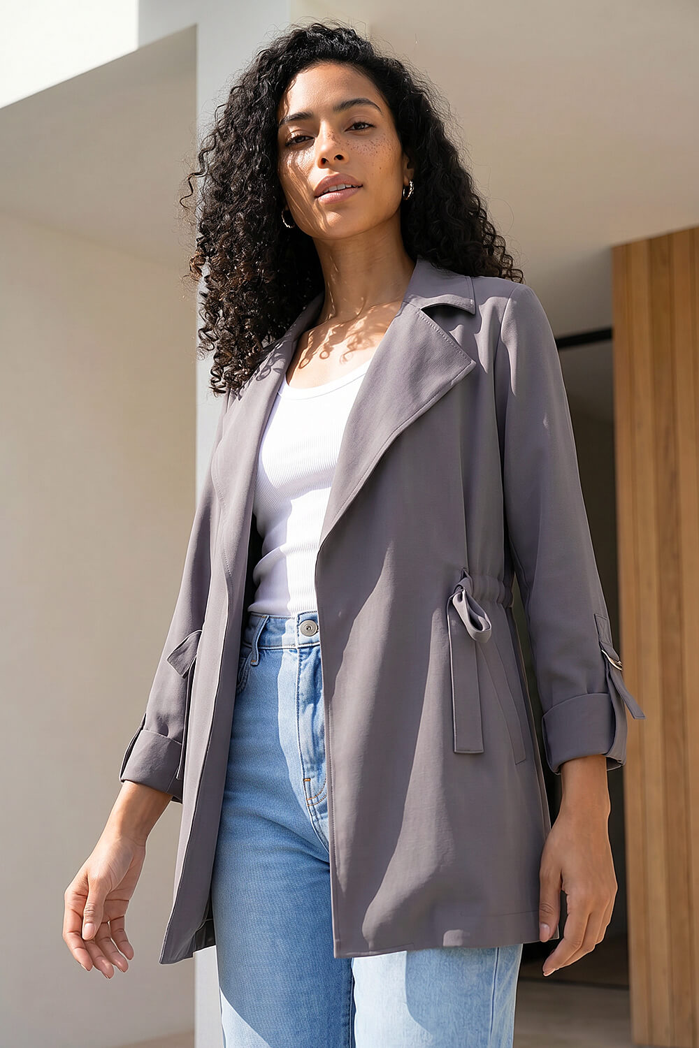 Grey Tie Waist Longline Jacket, Image 1 of 4