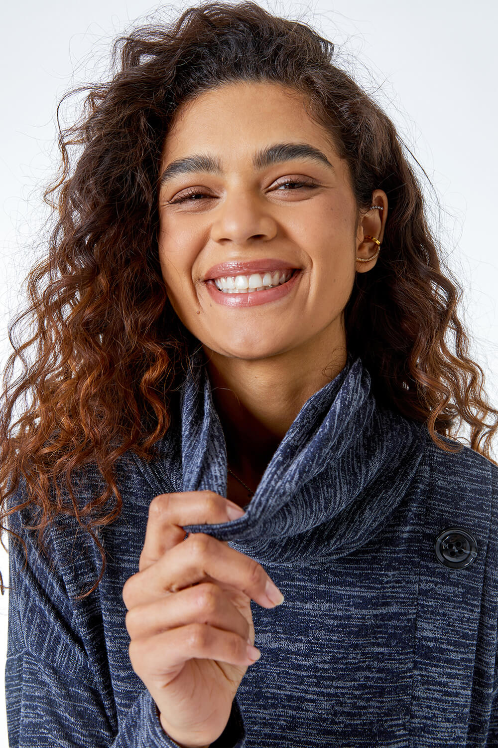 Midnight Blue Roll Neck Button Detail Tunic Top, Image 5 of 5