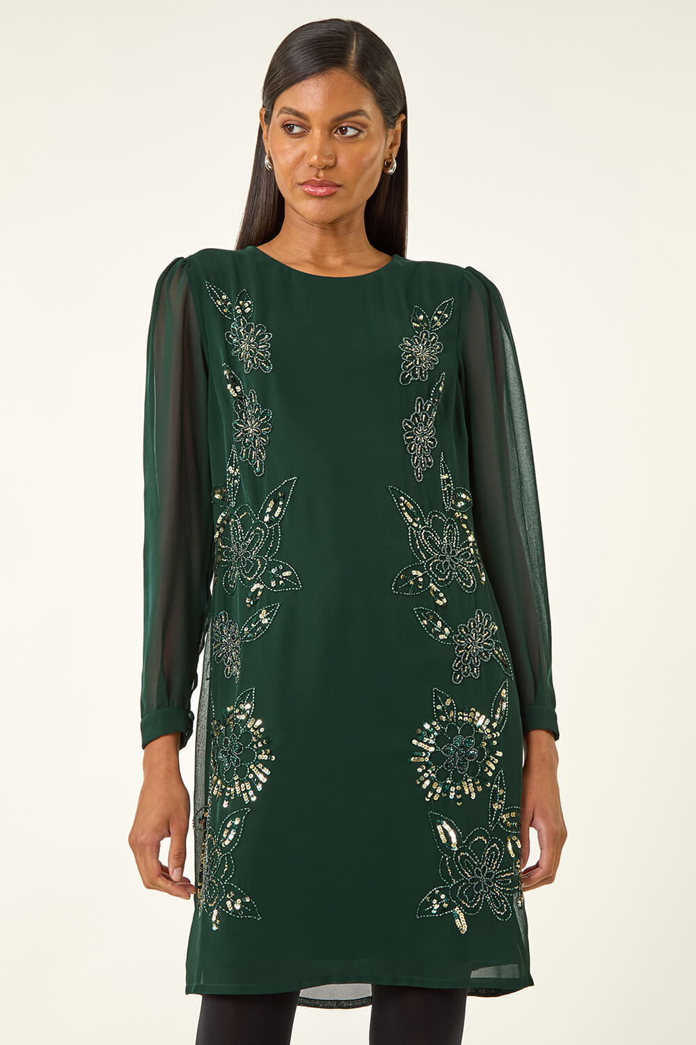 Green Premium Embellished Shift Dress, Image 5 of 5