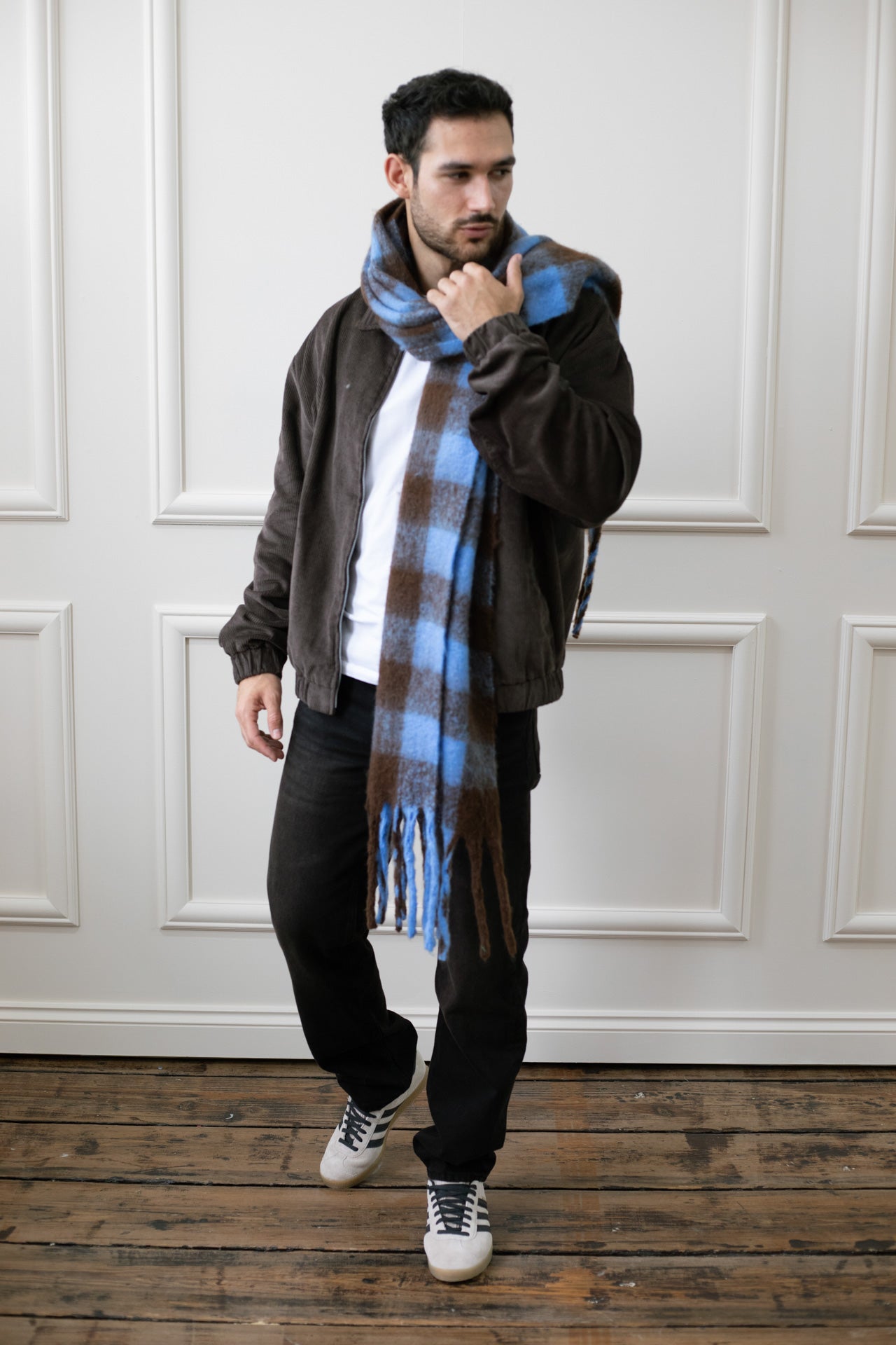 Brown Chunky Check Scarf in Brown and Blue, Image 6 of 6