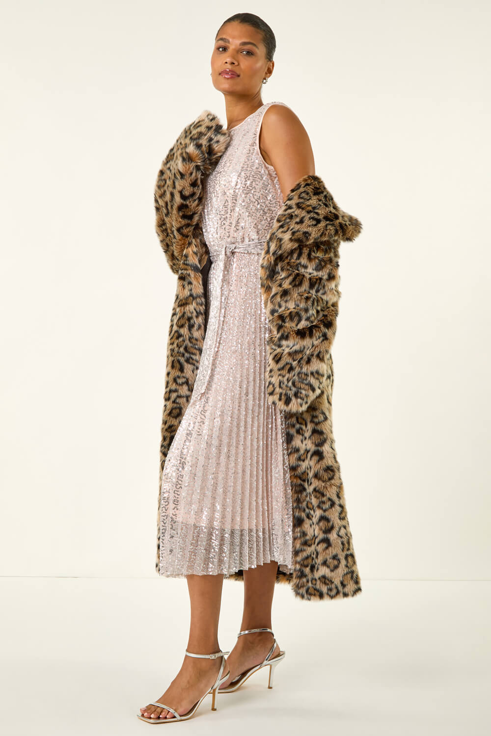 Silver Sequin Pleated Midi Dress | Roman UK
