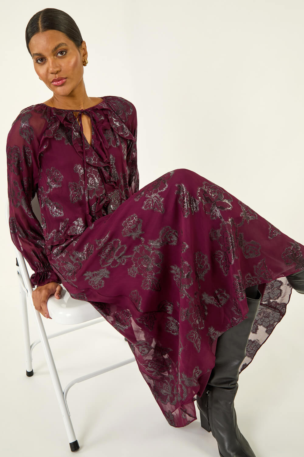 Roman Women's Wine Floral Brocade Frill Midi Dress Size 10