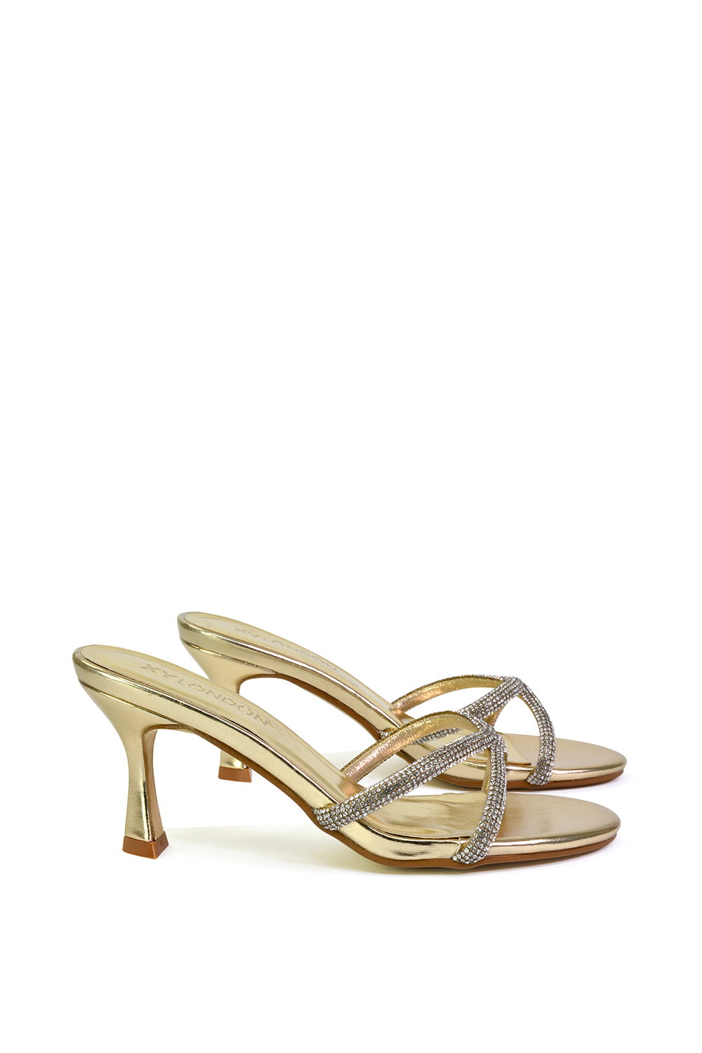 Gold XY LONDON Gold 'Abby' Strappy Diamante Stiletto Heel Sandal Mules, Image 2 of 5