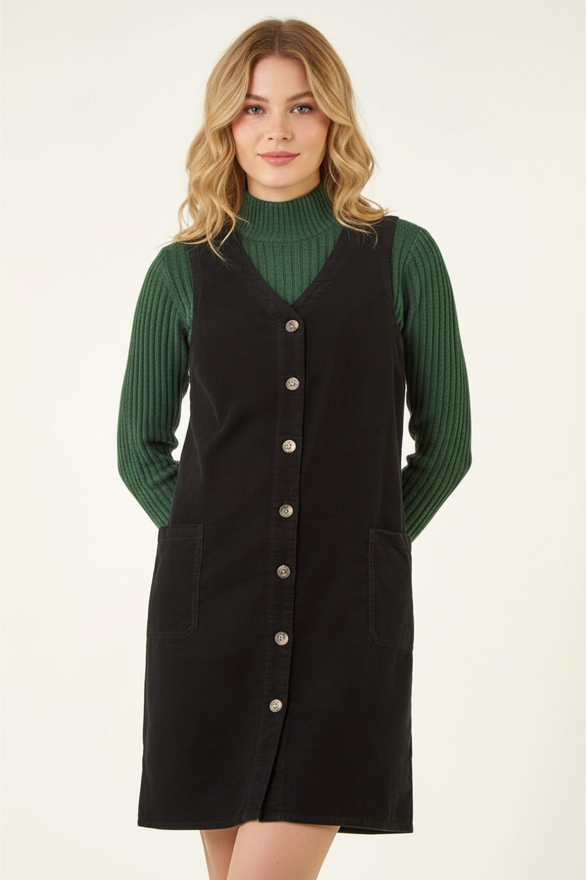 Roman Women's Black Cotton V-Neck Button Pocket Dress Size 16