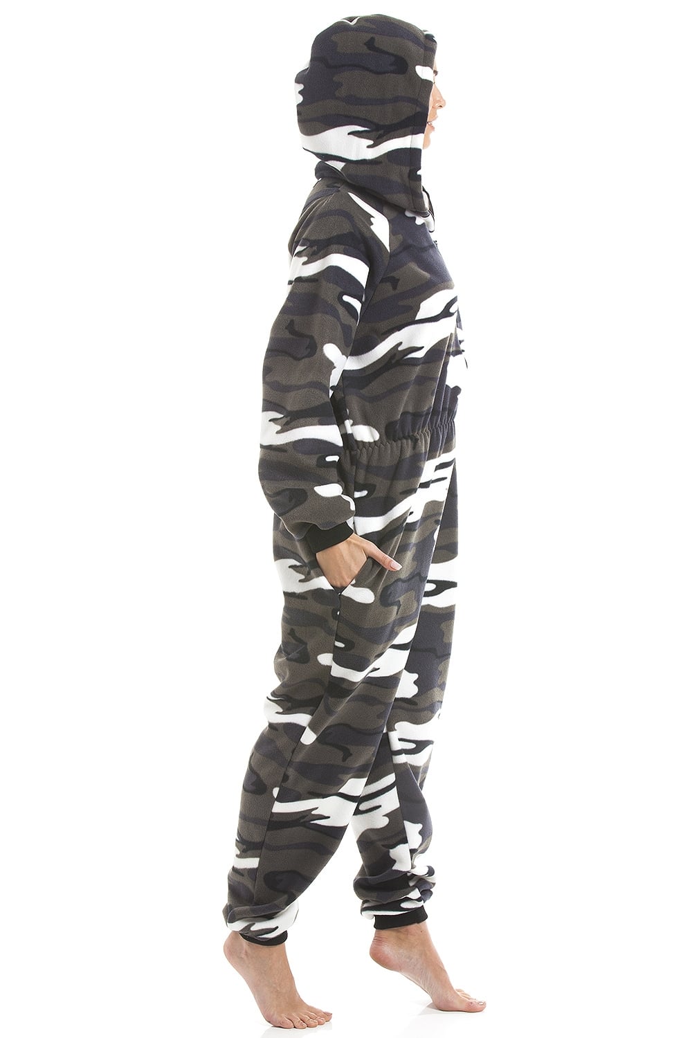Multi Snow Camouflage Supersoft Fleece Zip Front Hooded Onesie, Image 3 of 3
