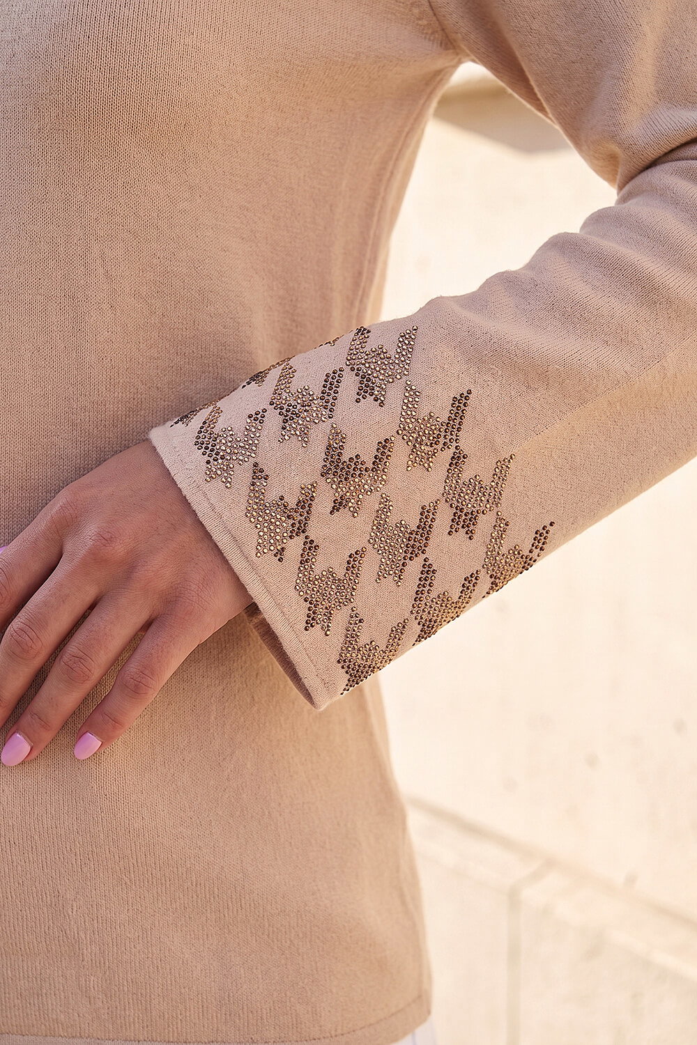 Beige Hotfix Sleeve Knit Jumper, Image 5 of 4