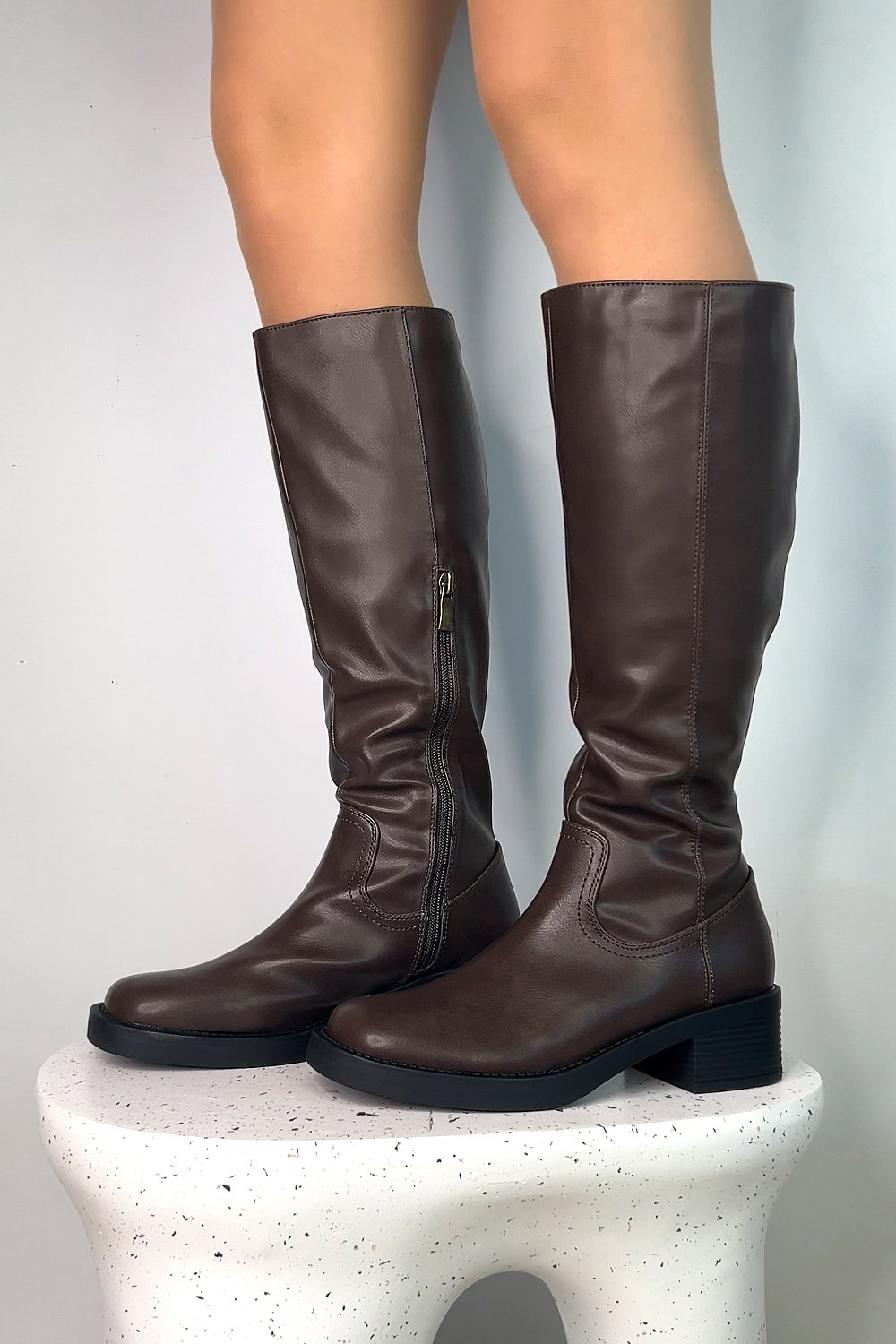 Brown XY LONDON Brown 'Nyx' Knee High Equestrian Style Biker Riding Boots, Image 7 of 7