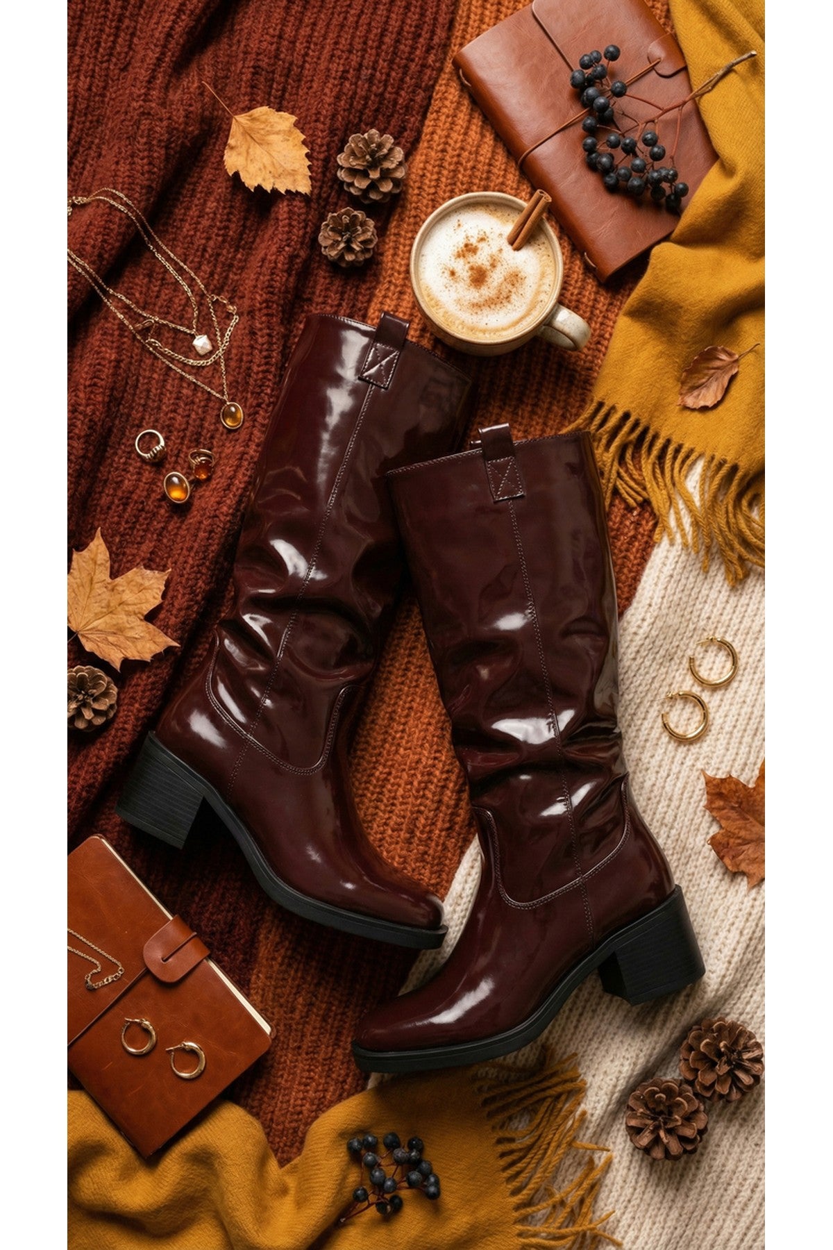 Wine iKrush Wine Verira Patent Knee High Block Heel Boots, Image 3 of 8