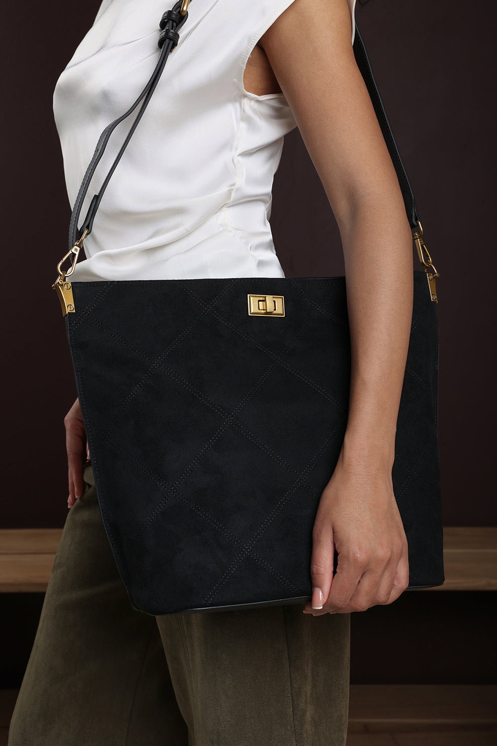 Black Where's That From Black 'Fern' Suede Shoulder Bag with Turn Lock, Image 7 of 7