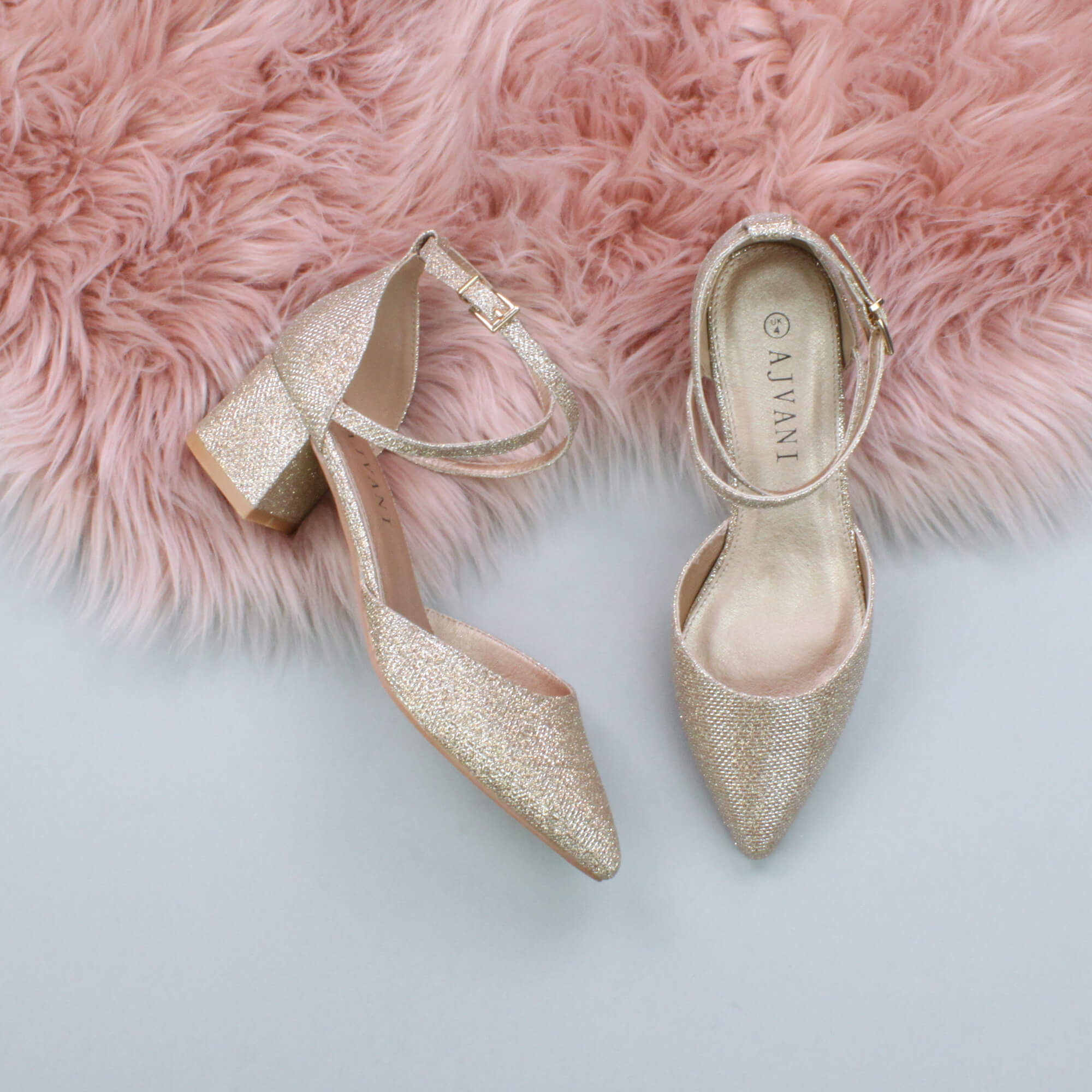 Rose Gold Mid Block Heel Crossed Straps Pointed Toe 2 Part Heels, Image 4 of 6