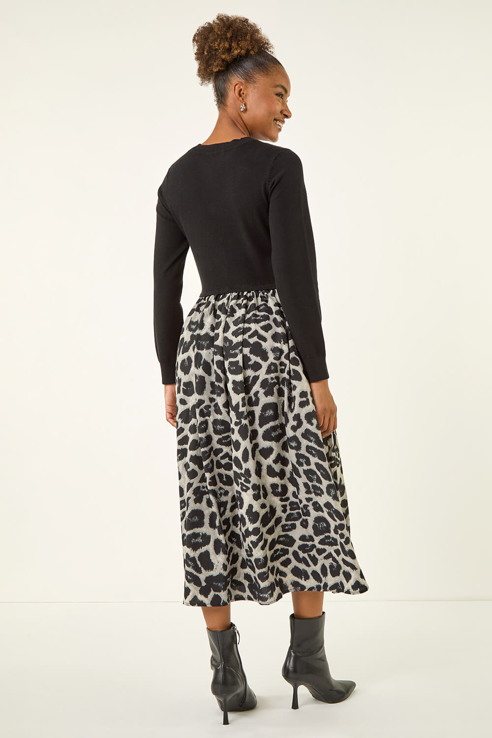 Grey Animal Print Twist Front Midi Dress, Image 4 of 5