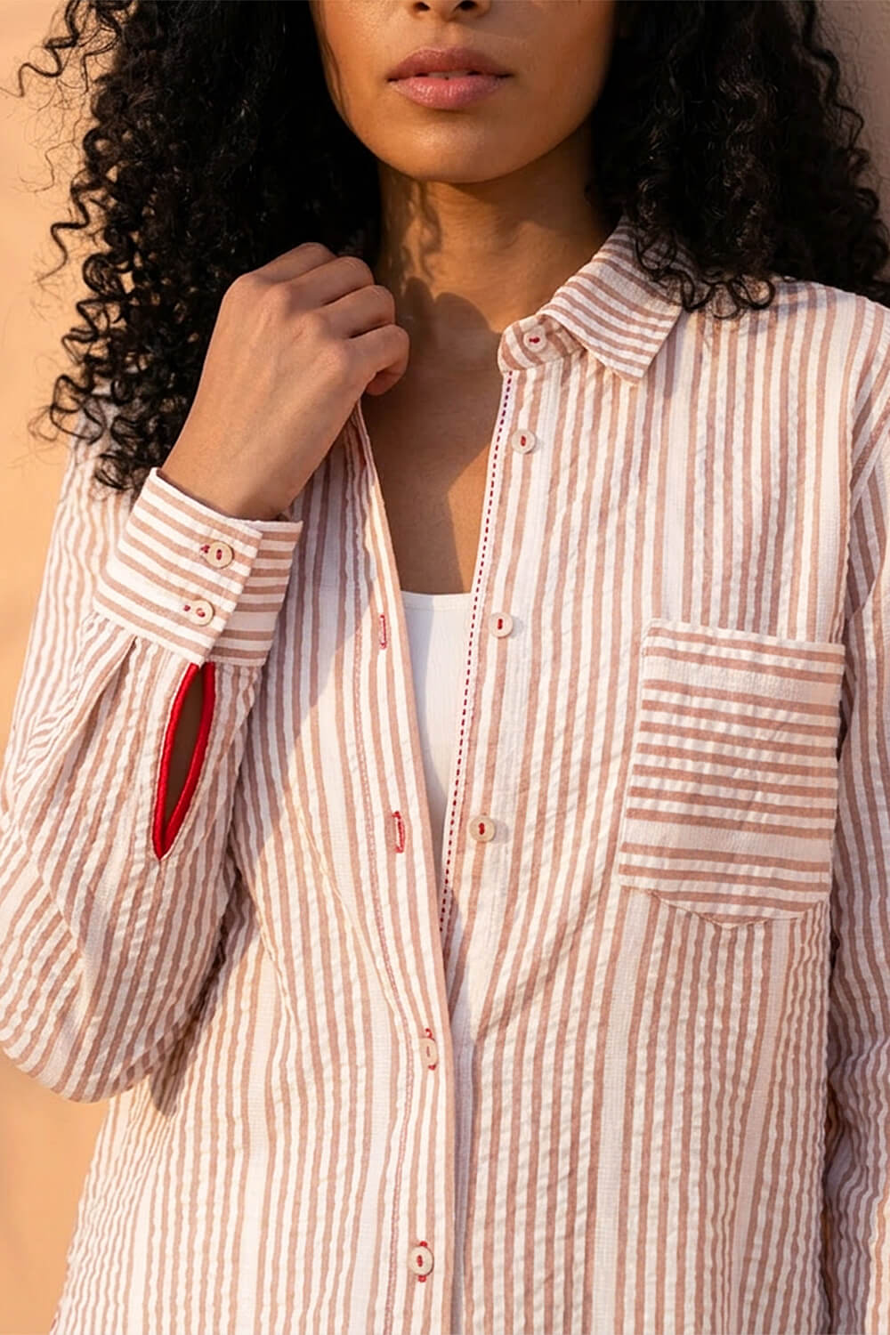 Camel Textured Stripe Collared Shirt, Image 5 of 4