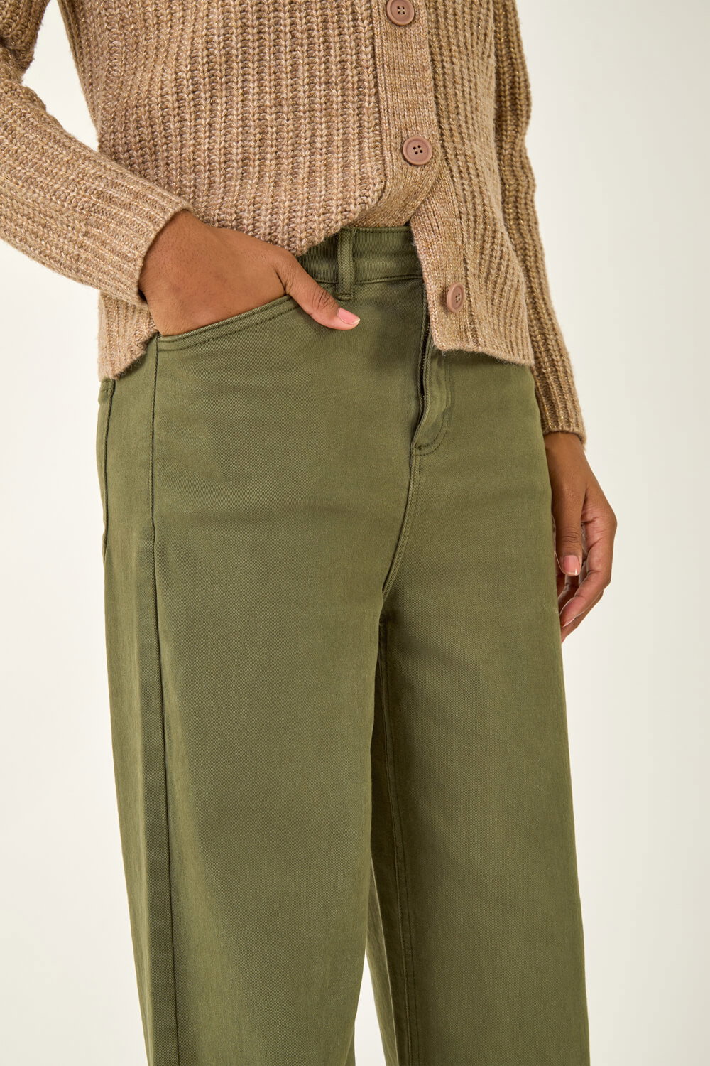 Khaki Cotton Blend Wide Leg Stretch Jeans, Image 6 of 5