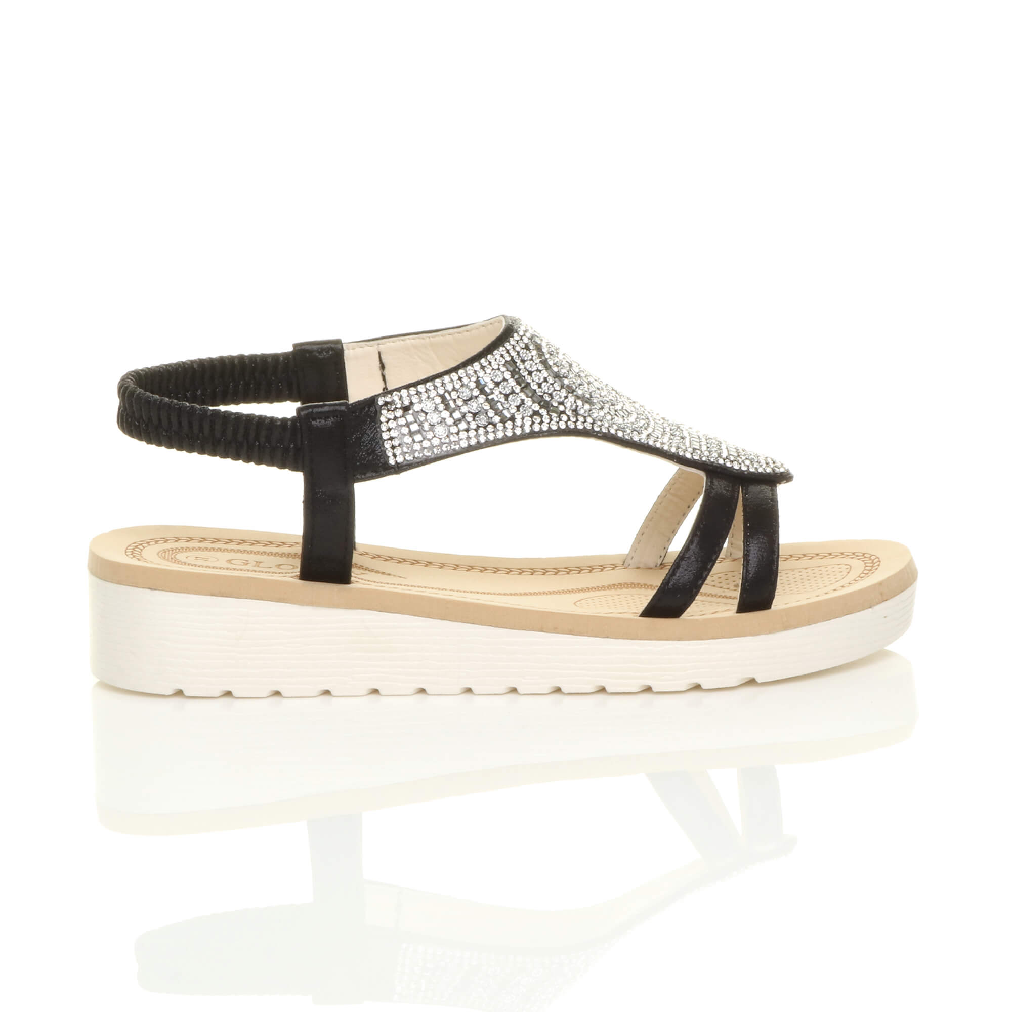 Black AJVANI Black Flatform Diamante T-Bar Slingback Sandals, Image 2 of 6