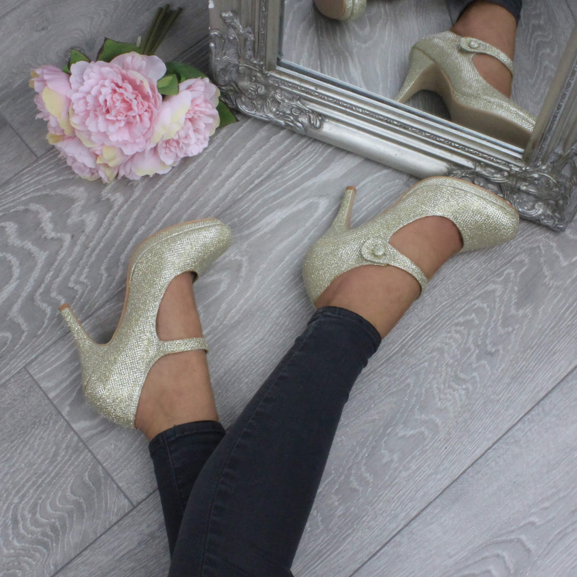 Gold AJVANI Gold High Heel Mary Jane Court Shoes, Image 5 of 6